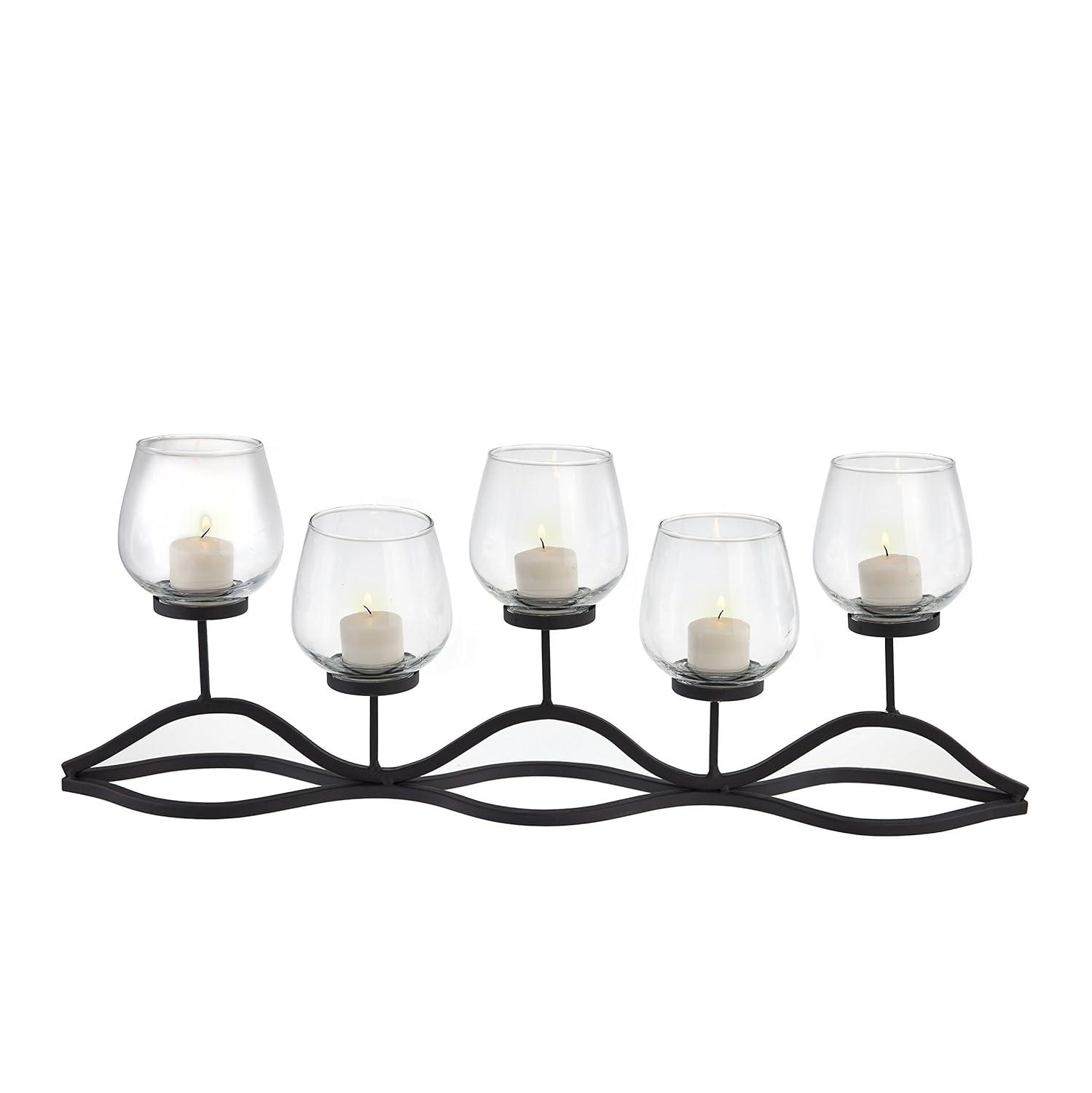 22" x 8" Decorative Iron 5-Tealight Candle Holder Black - Danya B: Glass & Iron, Tabletop Hurricane Centerpiece