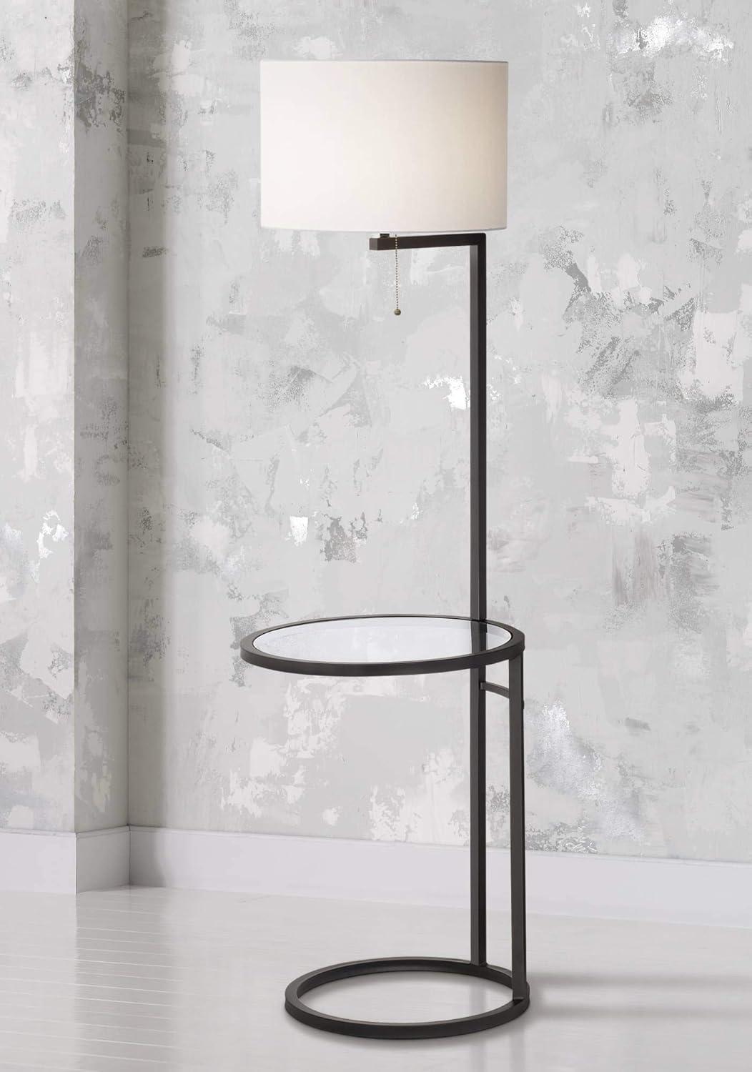 Black Metal Floor Lamp with Glass Tray and White Drum Shade