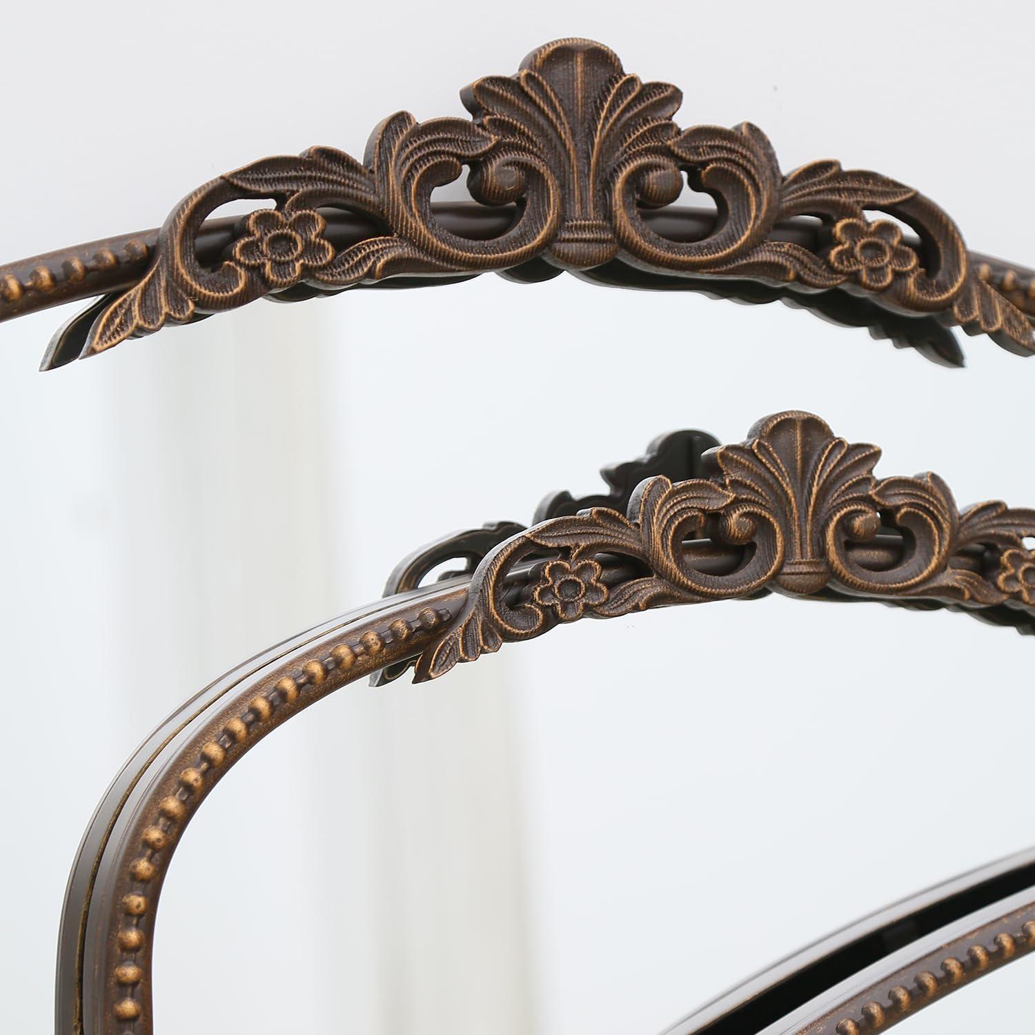 Antique Bronze Arched Mirror with Wood Adornment, 31" x 19"