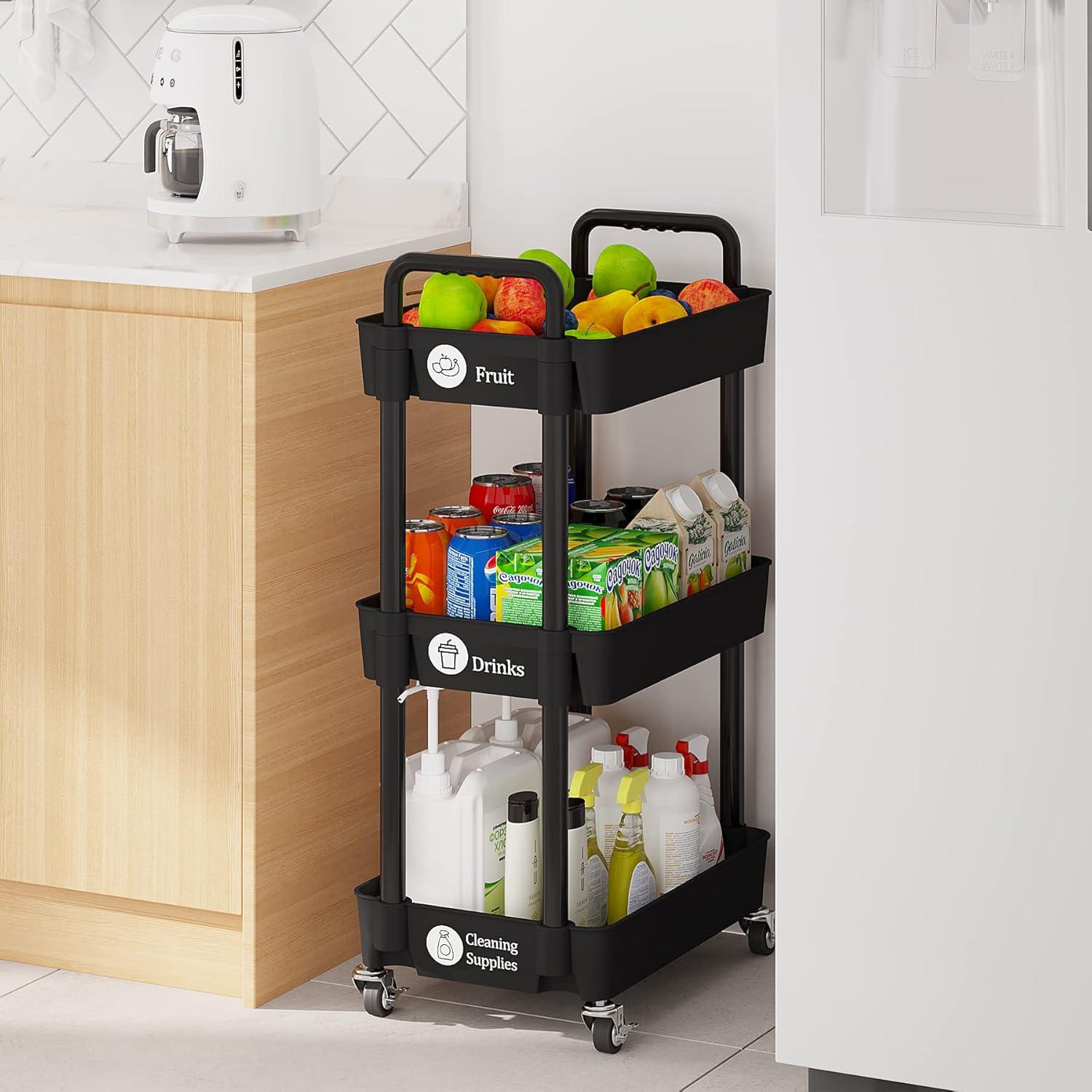 Black 3-Tier Rolling Kitchen Storage Cart with Lockable Wheels