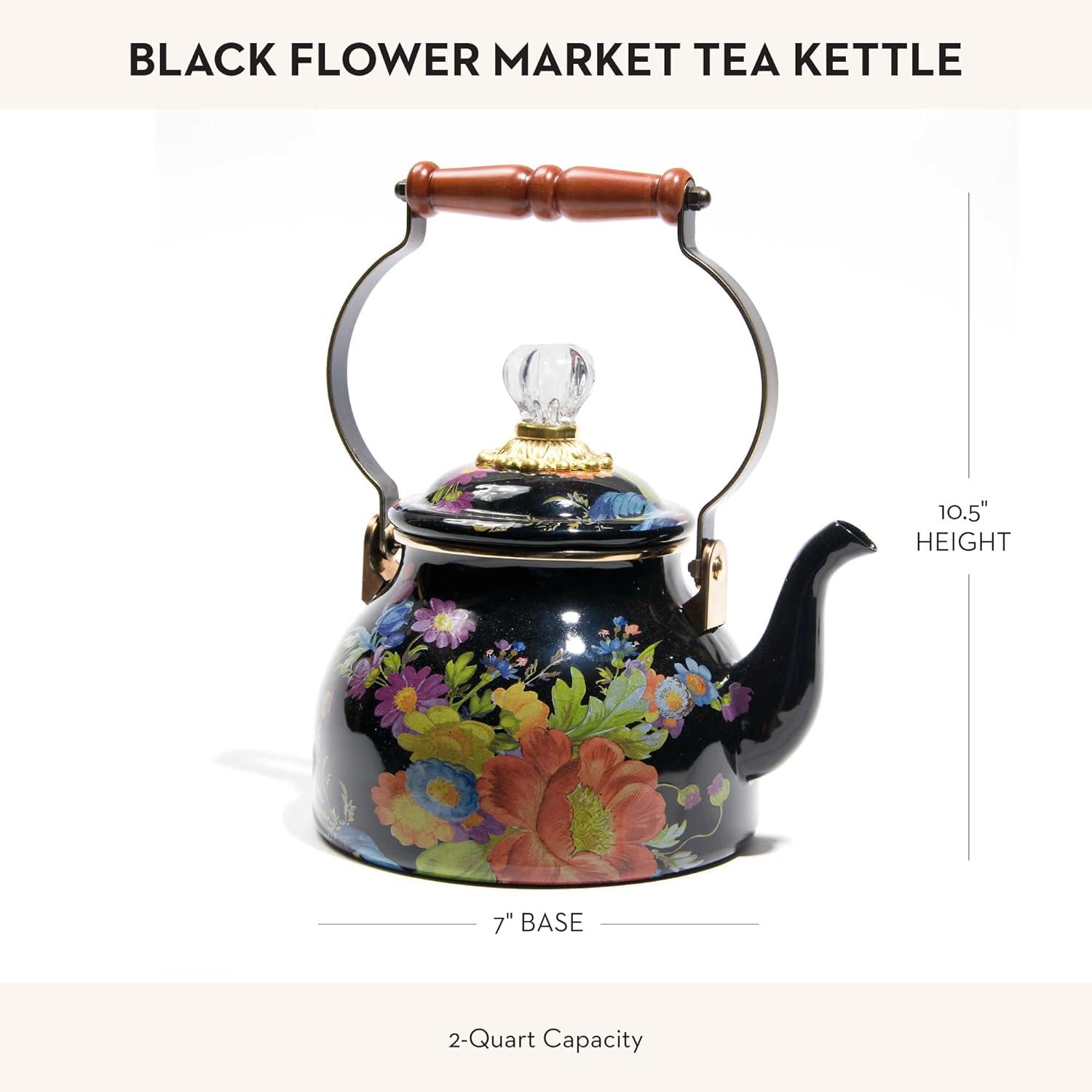 Black Floral Enamel Tea Kettle with Wood Handle, 2-Quart