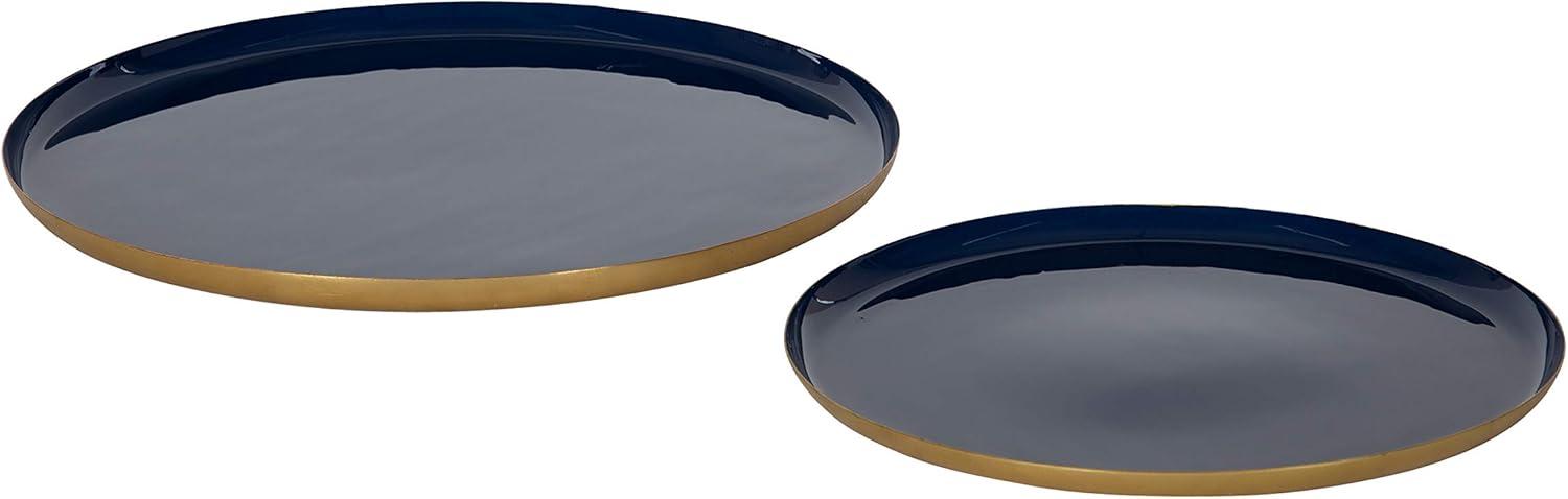 Navy Blue and Gold Round Metal Tray Set, 2 Piece