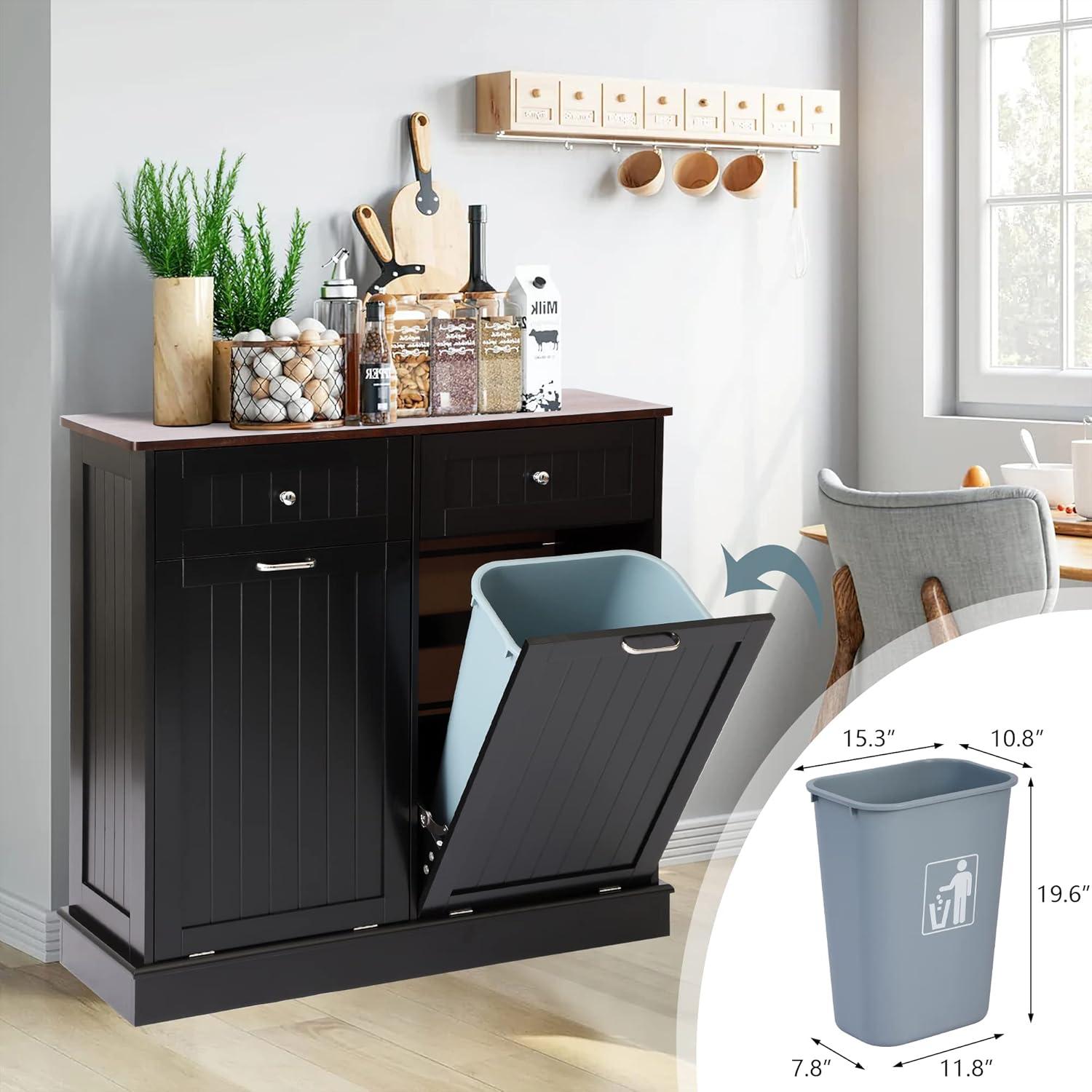 Black Double Tilt Out Trash Cabinet with Countertop and Drawer