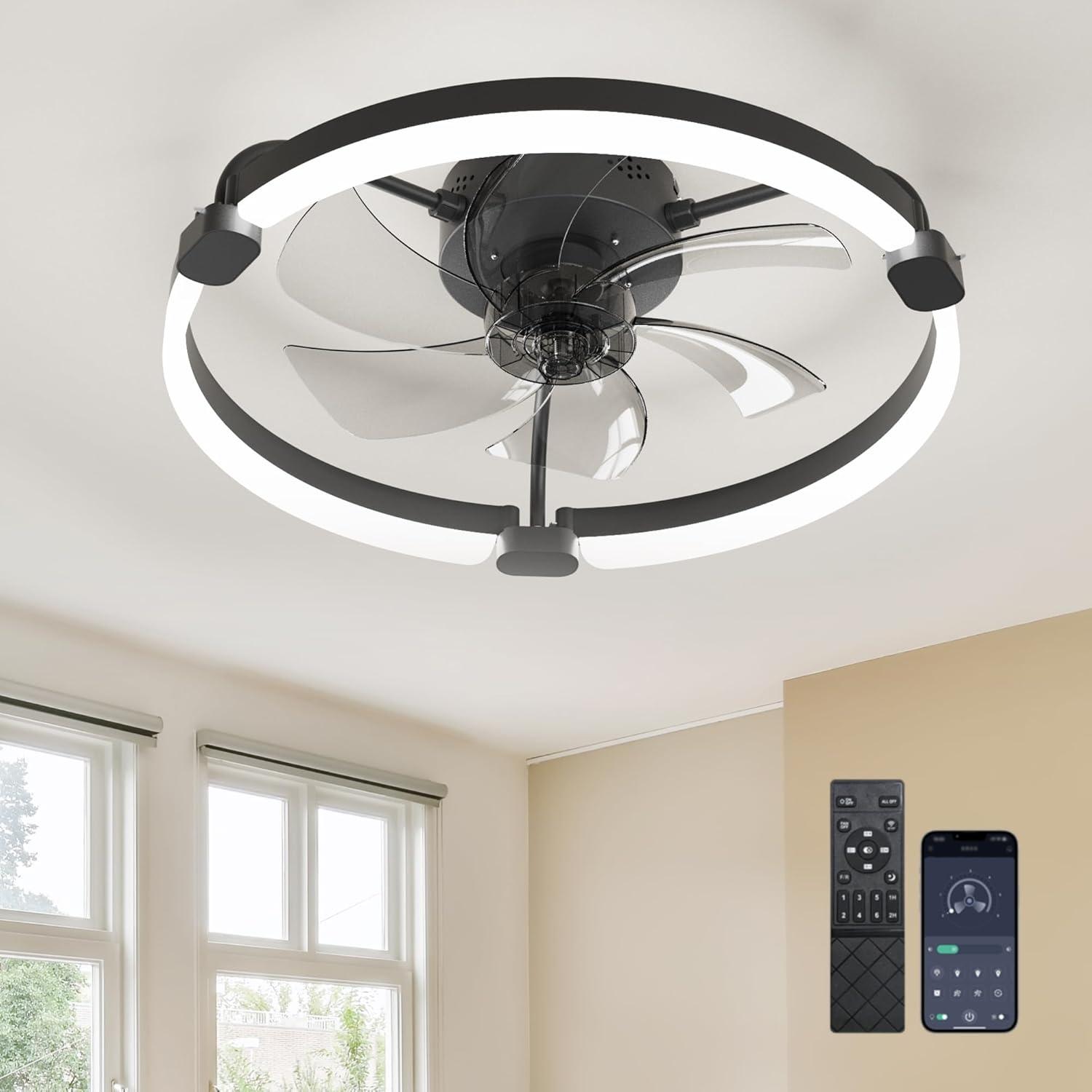 Ensenior 20'' Low Profile Ceiling Fans with Lights and Remote, Fandelier Ceiling Fan Flush Mount, APP Control, 6 Speed & 3000K-6500K Stepless Dimmable Small Ceiling Fan with Light for Bedroom - Black