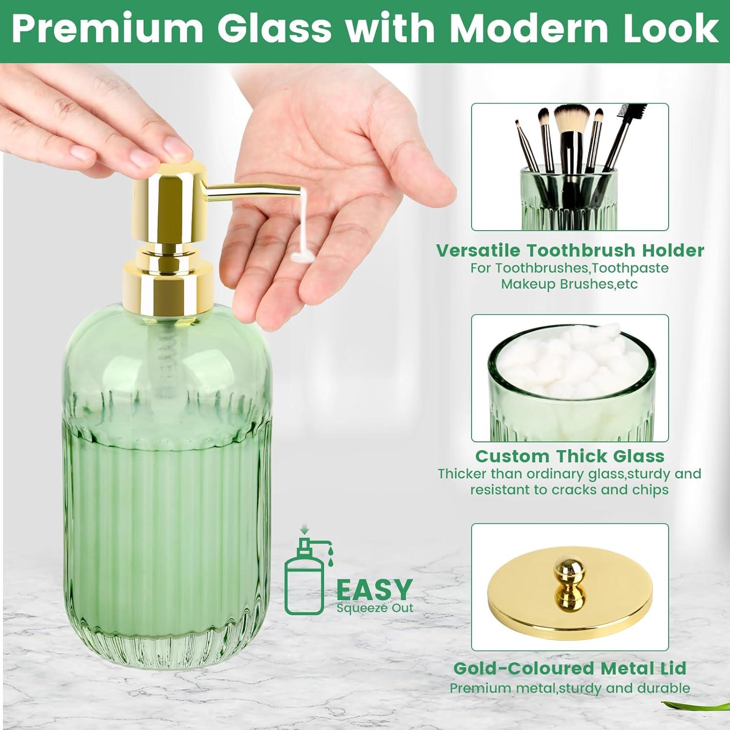 Green Glass Bathroom Accessories Set with Gold Accents, 4 Pieces