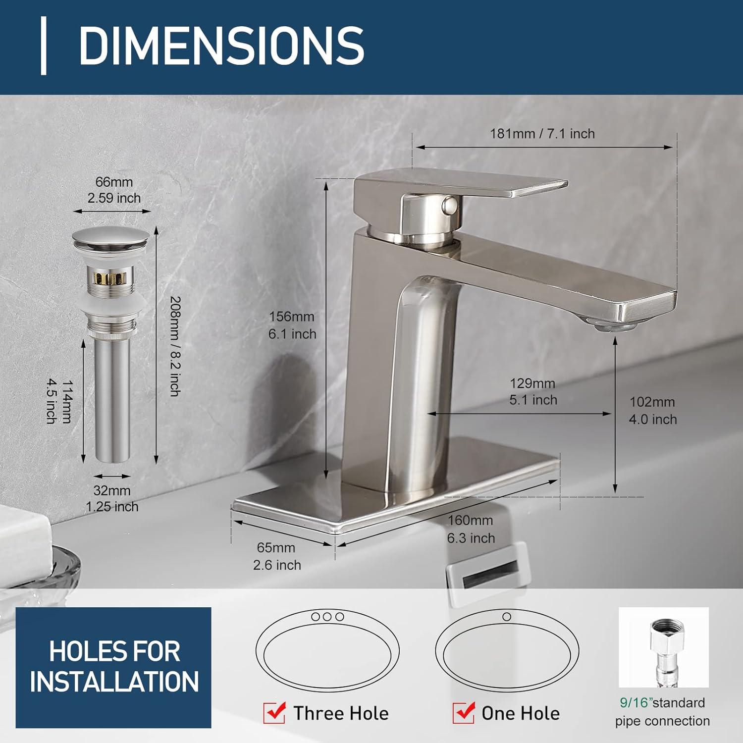 Brushed Nickel Single Handle Bathroom Faucet with Pop-Up Drain