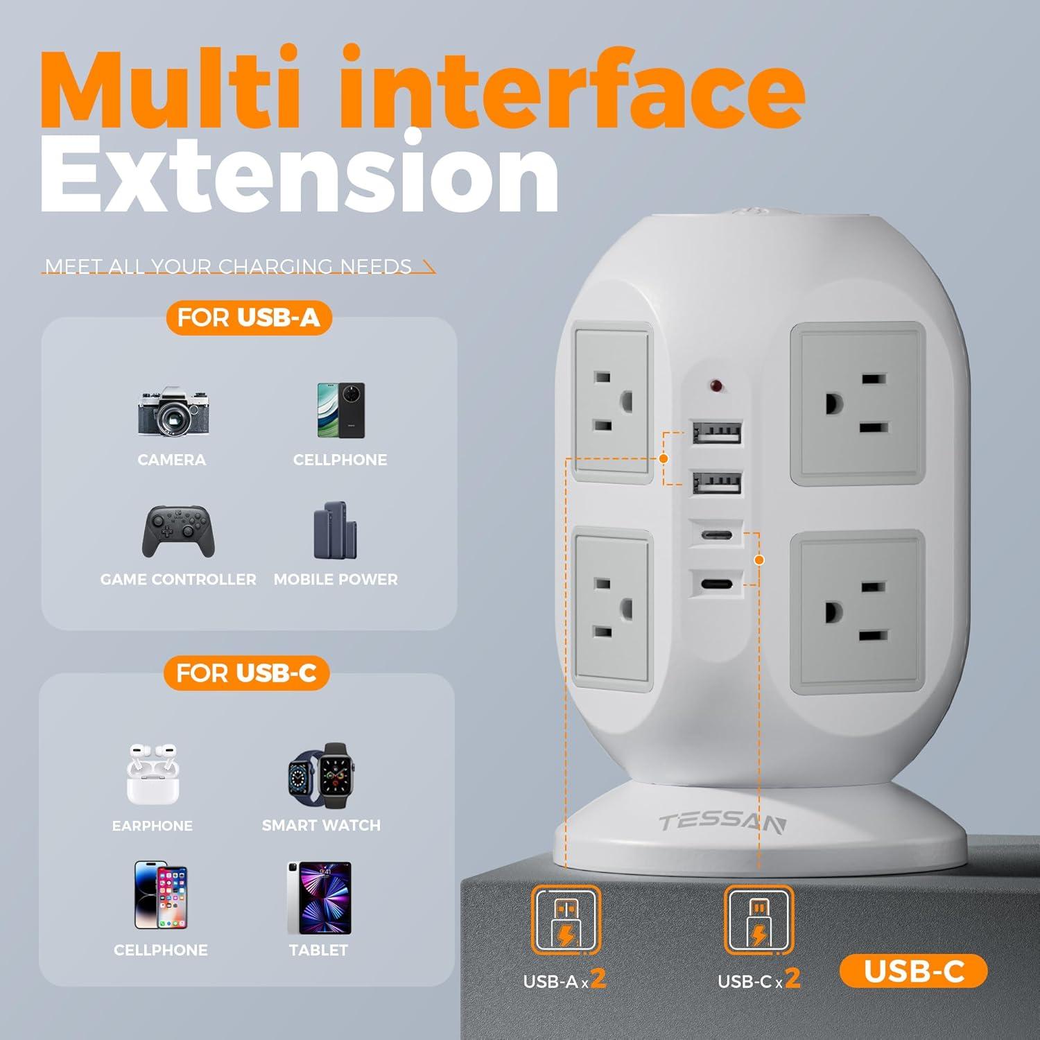 Tower Surge Protector Power Strip 10 ft, TESSAN Long Flat Extension Cord with Multiple Outlets, 8 AC Outlets with 4 USB Ports (1 USB C), Charging Station with Surge Protection, for Home Office Dorm