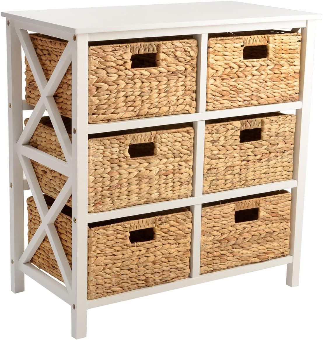 eHemco 3 Tier X-Side Storage Drawers with 6 Wicker Baskets, White