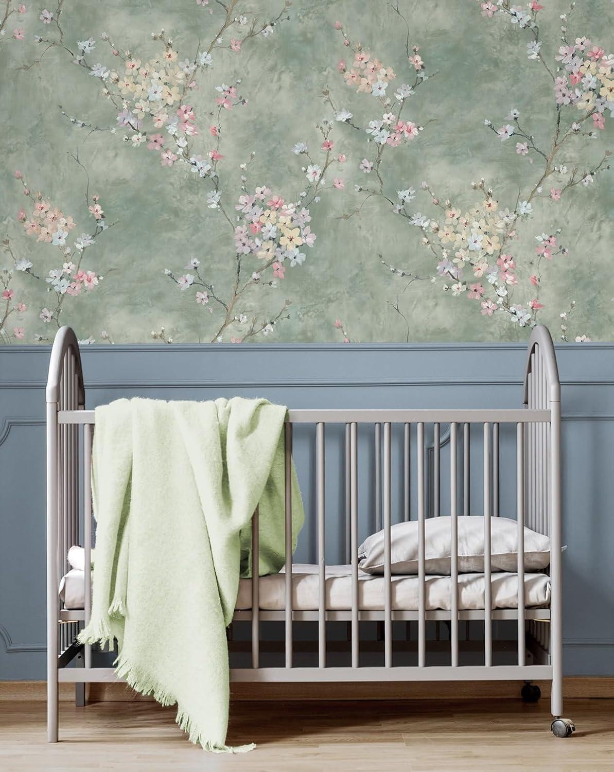 Harry & Grace Green Smoke Floral Blossom Peel and Stick Wallpaper - 27 in. W. x 18 ft. L. Roll