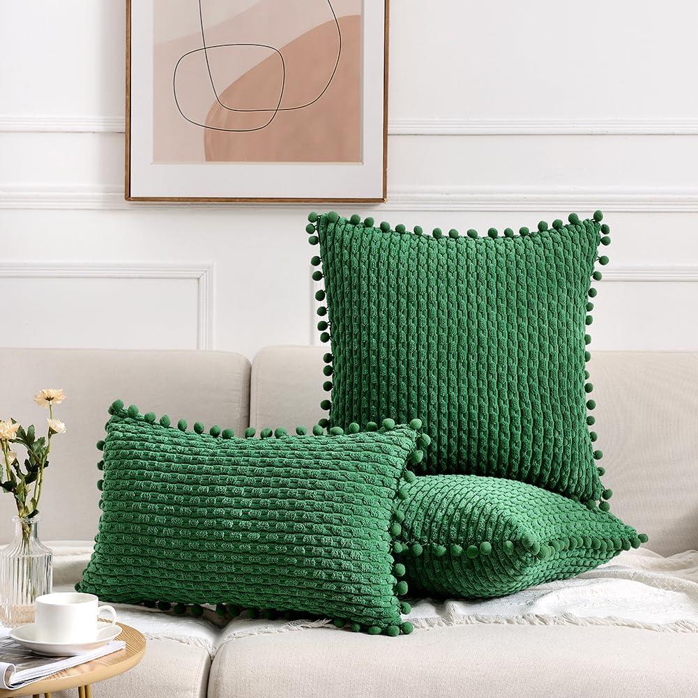 Sage Green Corduroy Lumbar Pillow Covers with Stripes - Set of 2