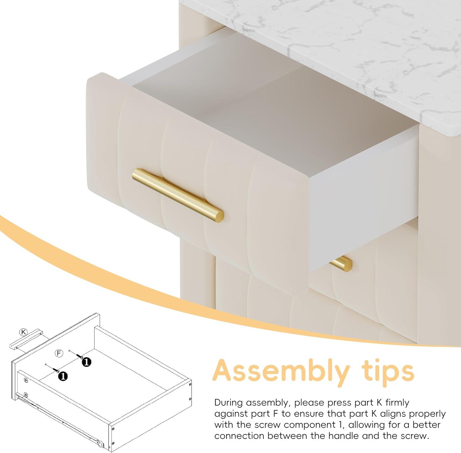 Churanty Upholstered Wooden Nightstand with 3 Drawers and Metal Legs & Handles,Bedside Table with Marbling Worktop,Beige