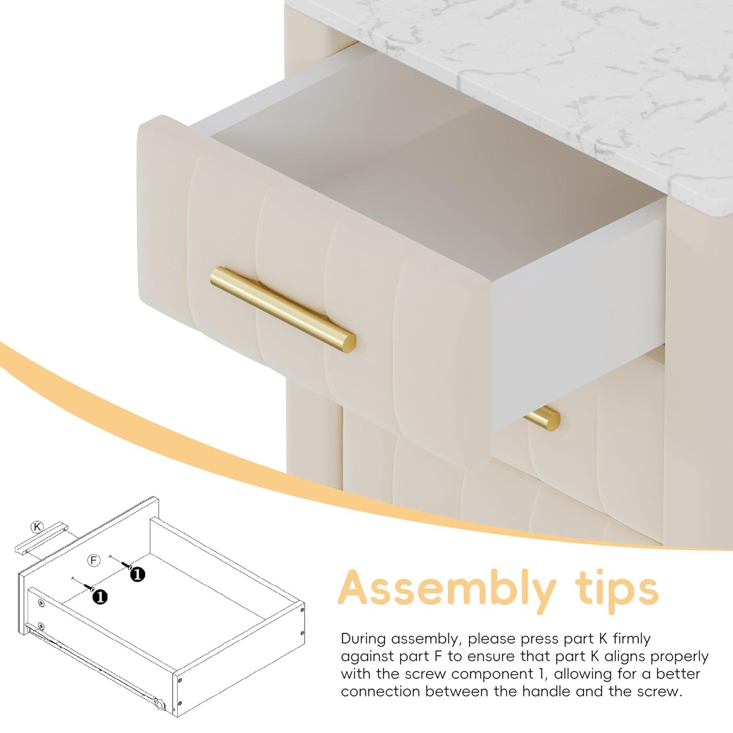 Harper & Bright Designs Upholstered Wooden Nightstand with 3 Drawers and Metal Legs & Handles, Bedside Table with Marbling Worktop, Beige