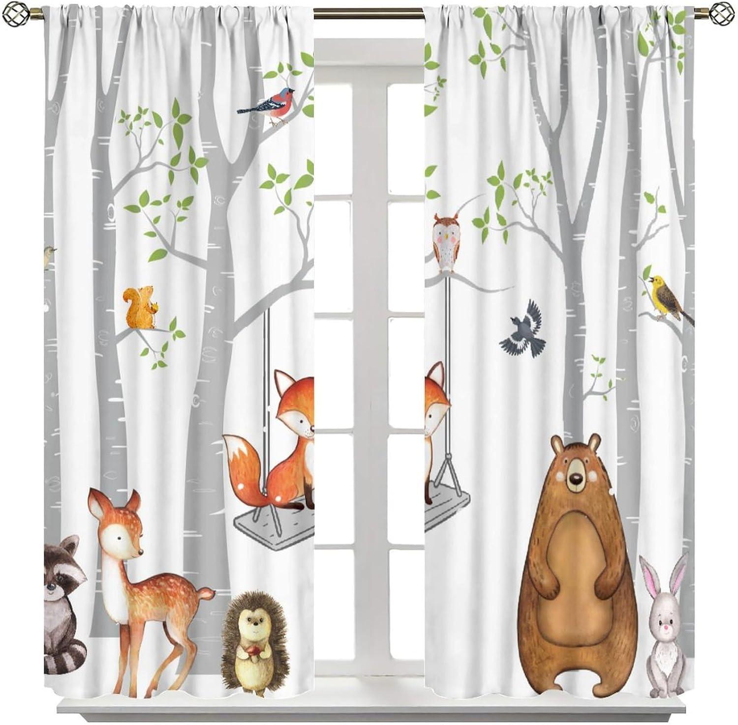 Woodland Kids Curtains, Rustic Vintage Forest Window Drapes Farnhouse Cabin Funny Animals Window Treatments for Boys Girls Bedroom Living Room, 42x45in （No Blackout）