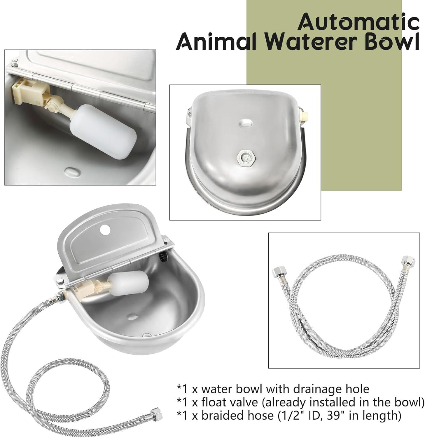 Automatic Dog Drinking Water Bowl, 304 Stainless Steel Outdoor Waterer for Dog Horse Pig Cow, Large Animal Dispenser with 2 Float Valves, Pipe Hose, Quick Connector and Expansion Bolt