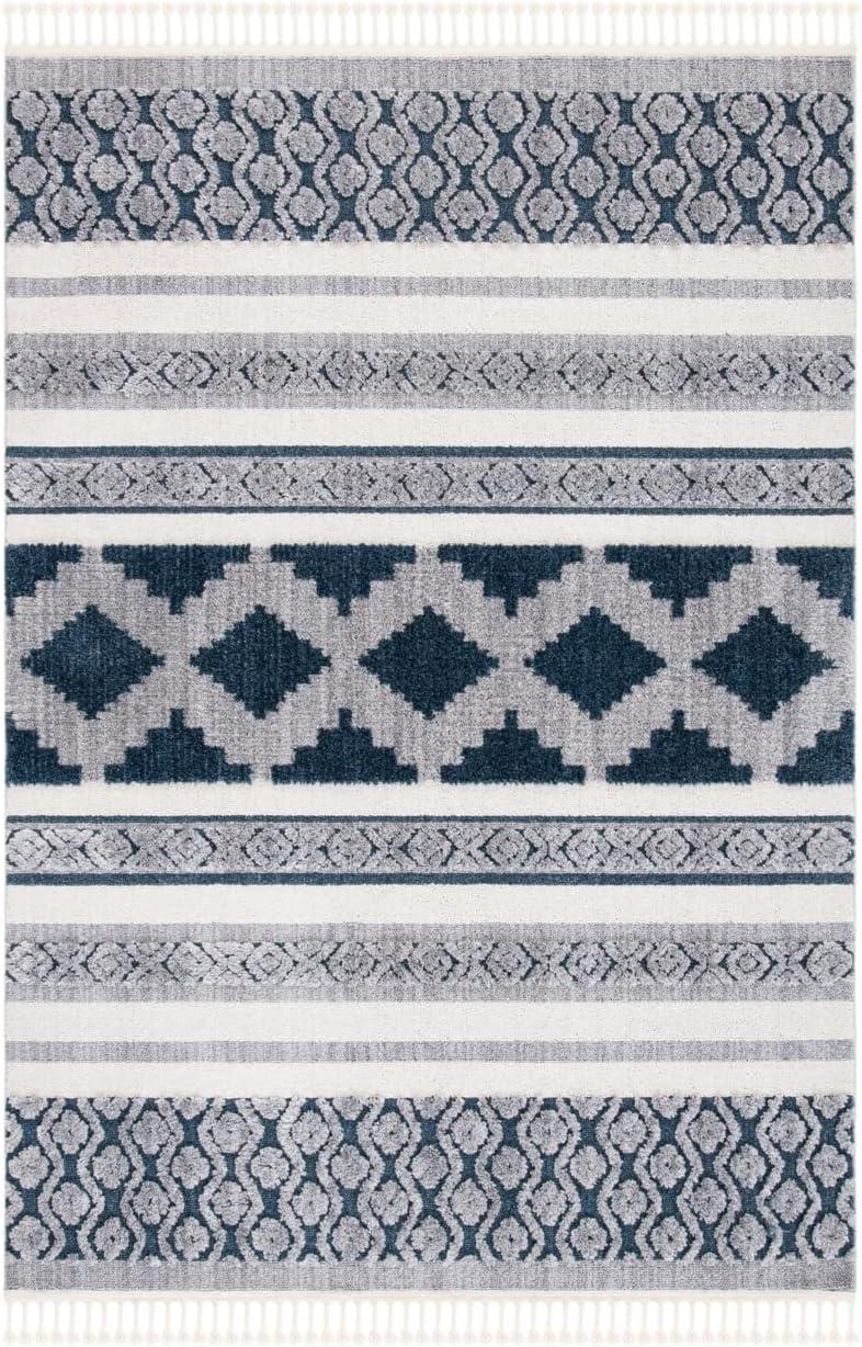 Ivory and Blue Moroccan Boho Tribal Tassel Area Rug