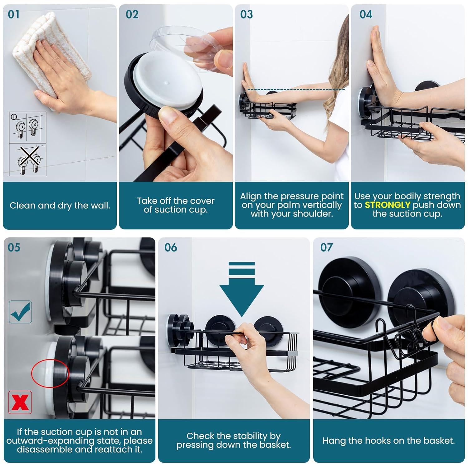 Shower Caddy Suction Cup 2 Pack With Hooks & Soap Holder, Heavy Duty Shower Organizer For Bathroom