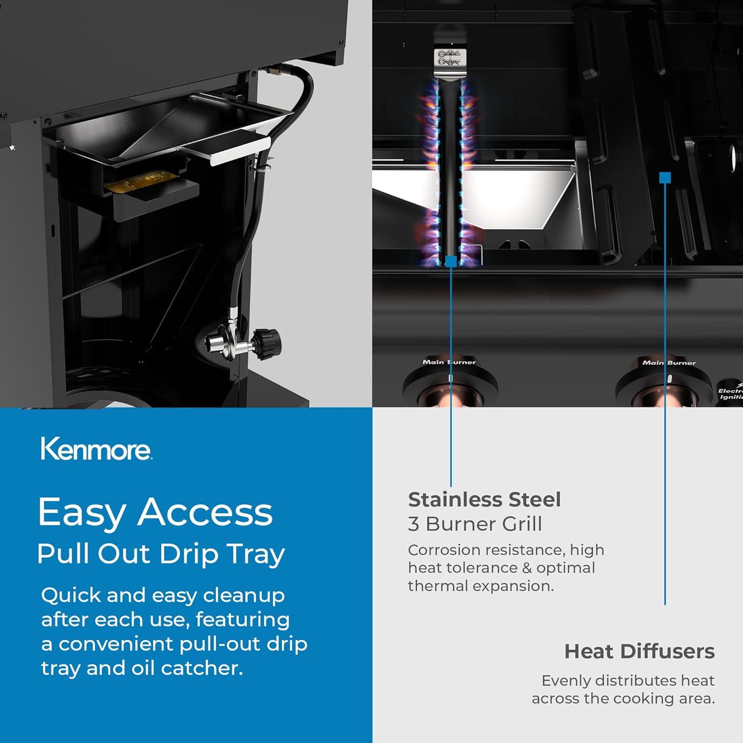 Kenmore 3-Burner Propane Gas Grill with Foldable Side Tables for Outdoor BBQ