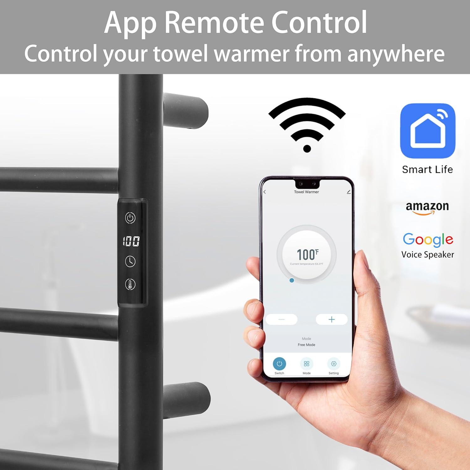 KEG Smart WiFi Towel Warmer Wall Mounted with Built-in Timer and Temperature Adjust Control, 8 Bars Electric Stainless Steel Heated Towel Racks for Bathroom Black