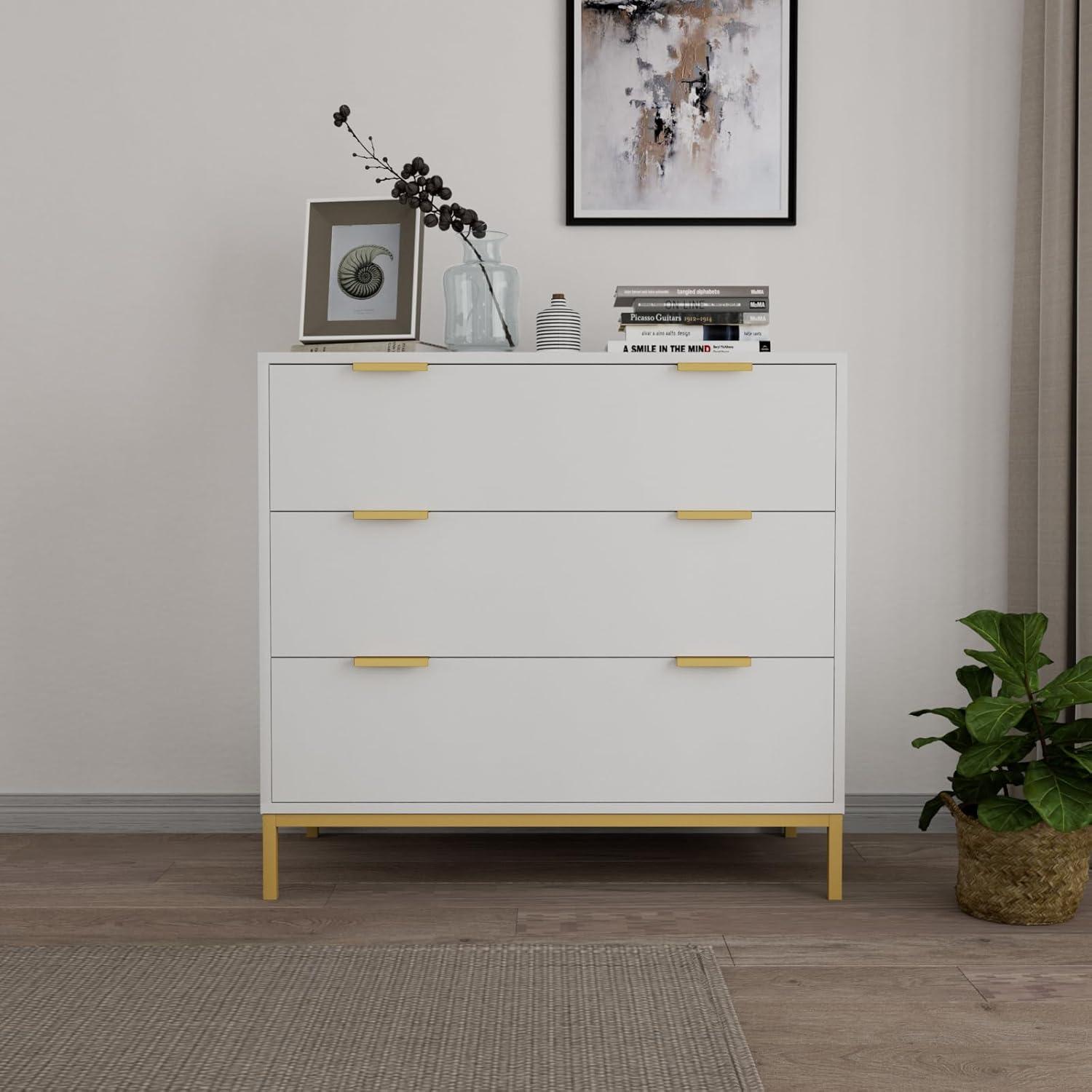 White MDF 3-Drawer Chest with Gold Accents