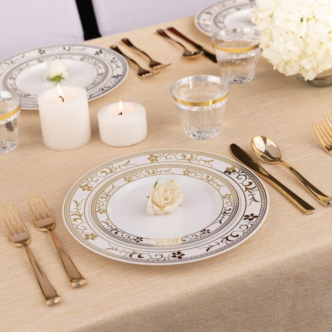 125-Piece White and Gold Floral Fancy Plastic Plates Disposable with Silverware, Elegant Dinnerware for Weddings, Holiday Party China, Set of 25 Dinner + Salad Plates, 25 Spoons, 25 Forks, 25 Knives