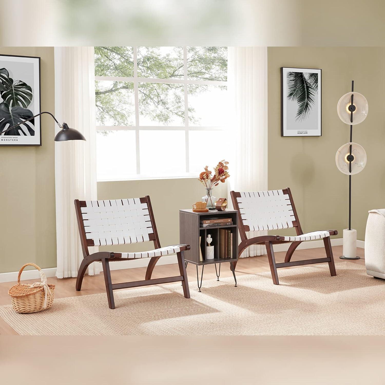 Beech Modern Leather Accent Chairs for Living Room,Mid Century Lounge Chair,Side Brown Leather Chair Indoor Boho Scandinavian Cognac Woven Rattan Faux Leather Accent Chair
