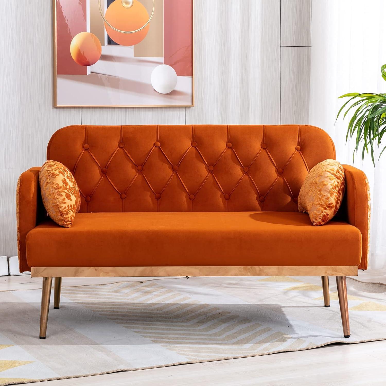 55-inch Small Velvet Couch with Elegant Moon Shape Pillows, Twin Size Loveseat Accent Sofa with Golden Metal Legs, Living Room Sofa with Tufted Backrest, 600 Pounds Weight Capacity-Orange