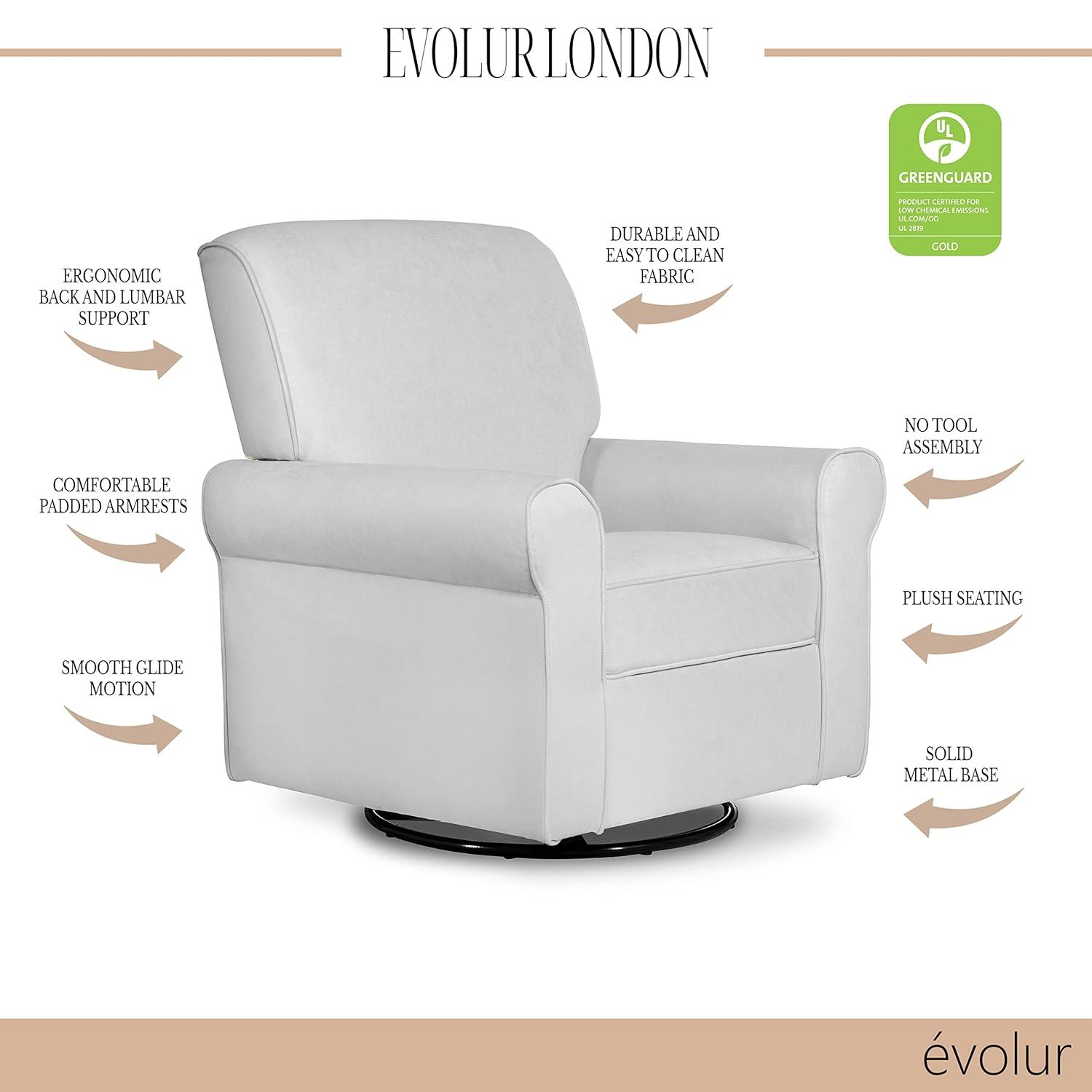 Evolur London Upholstered 360 Swivel Rocker, Misty Grey