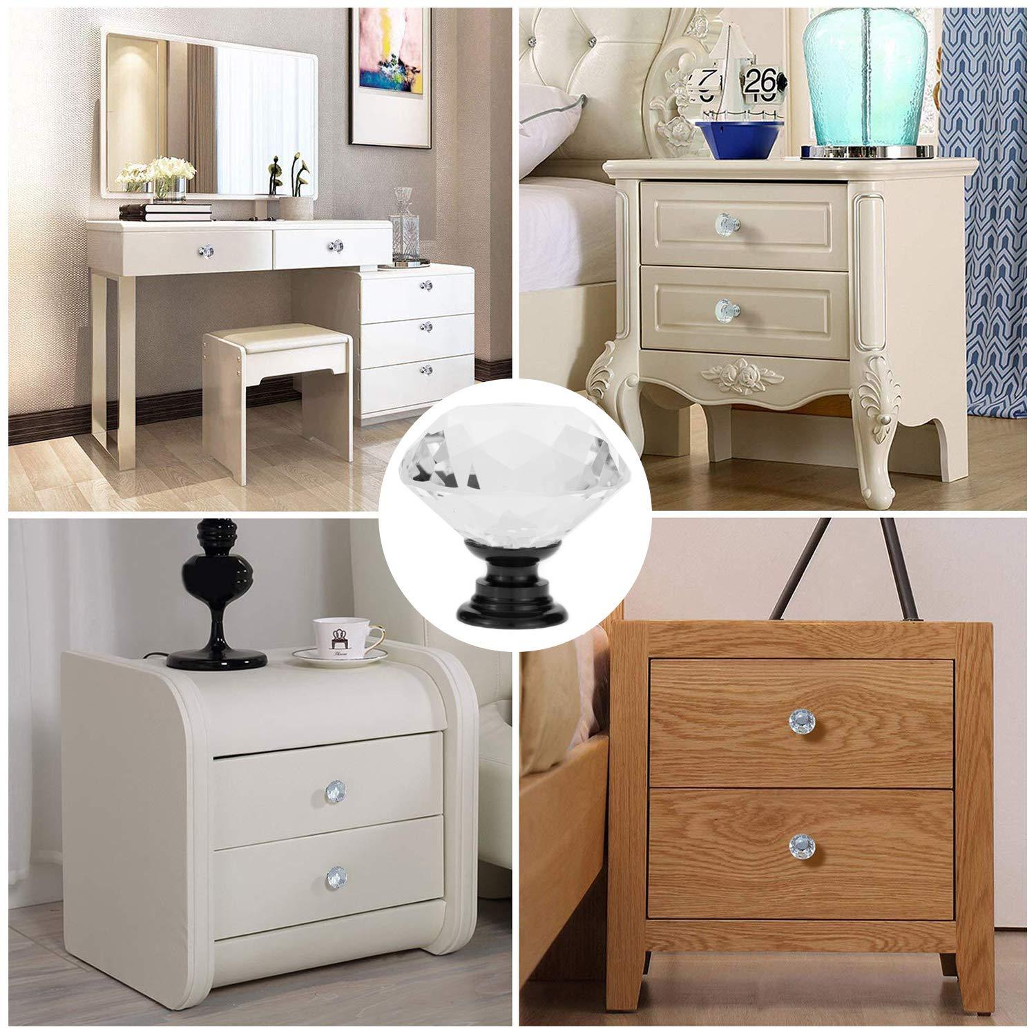 YourGift 12 Pack Drawer Knobs Diamond Shaped Crystal Glass 30mm Cabinet Knobs Pull Handles (Black)