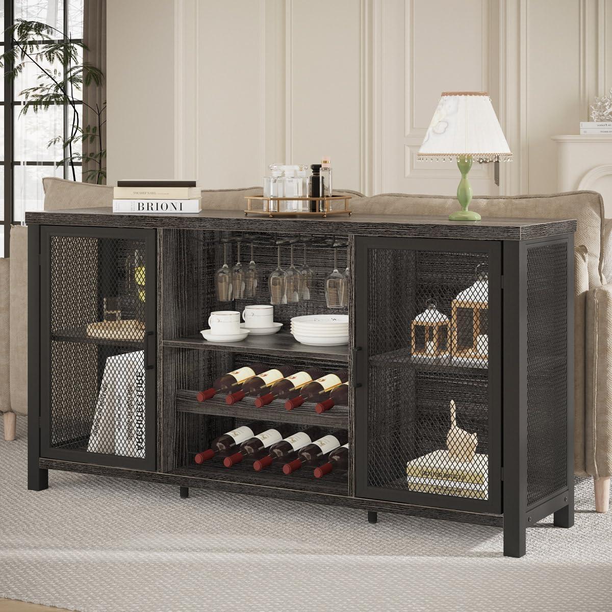 Industrial Dark Gray Oak Bar Cabinet with Mesh Doors and Storage Rack