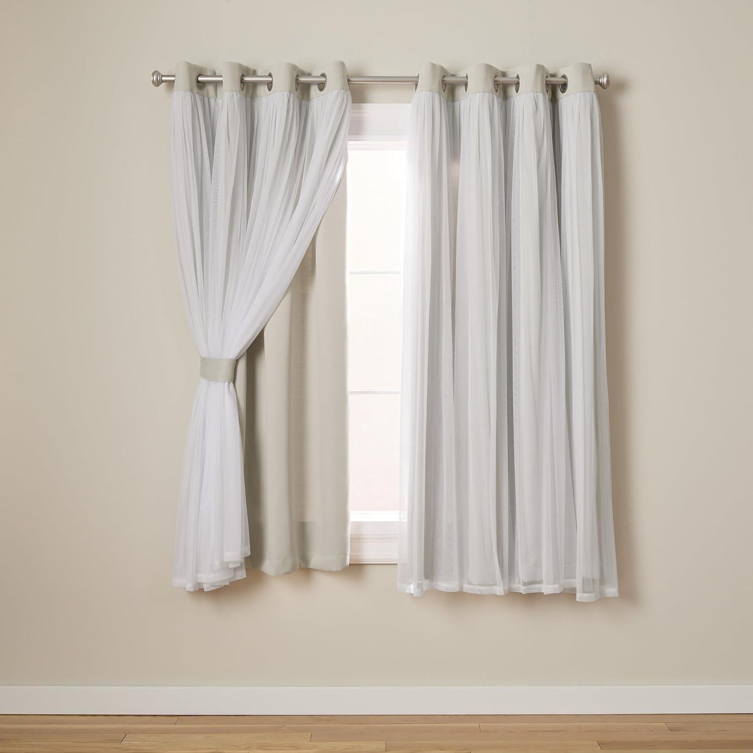 Set of 2 Caterina Layered Solid Blackout with sheer top Curtain Panels Black Pearl - Exclusive Home