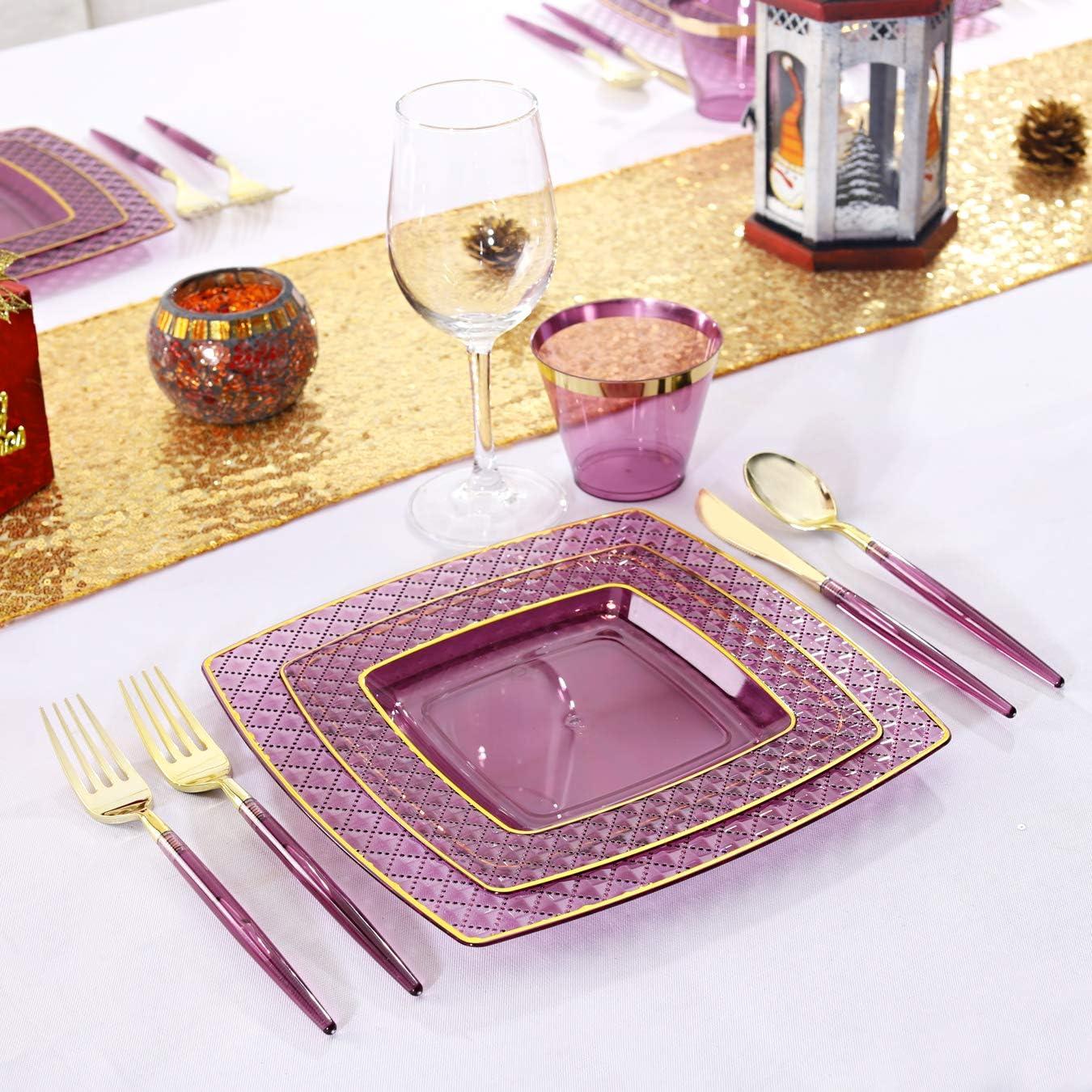 Elegant Purple and Gold Disposable Plastic Dinnerware Set