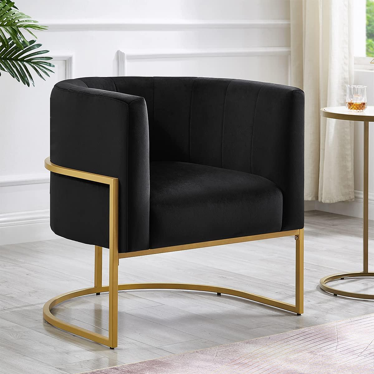 KOSSMAI Upholstered Velvet Accent Barrel Chair with Golden Metal Legs for Living Room Bedroom Office Lounge Chair, Mid-Century Modern Style Armchair (Black)