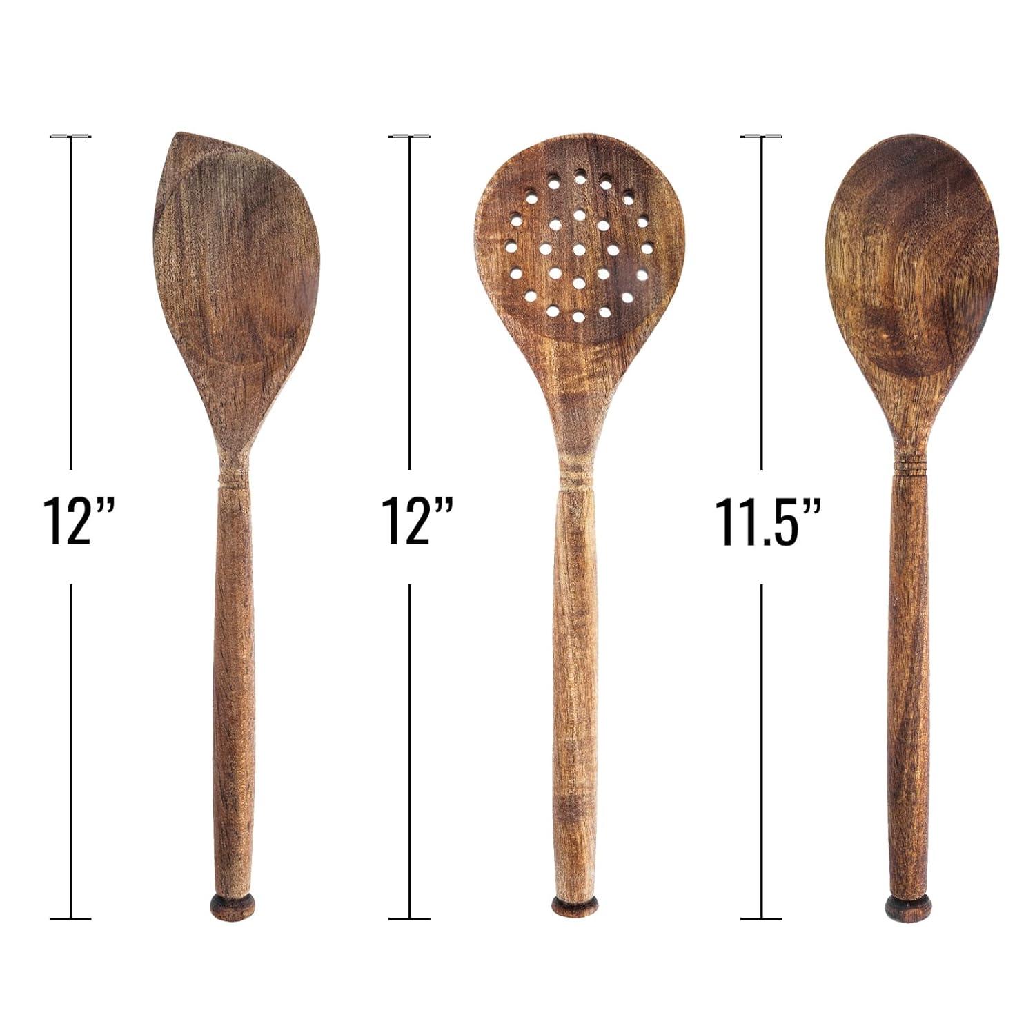 Labrea Life and Home 3pc Solid Acacia Wood Cooking Spoons and Skimmer Kitchen Utensils Set 12 Inch