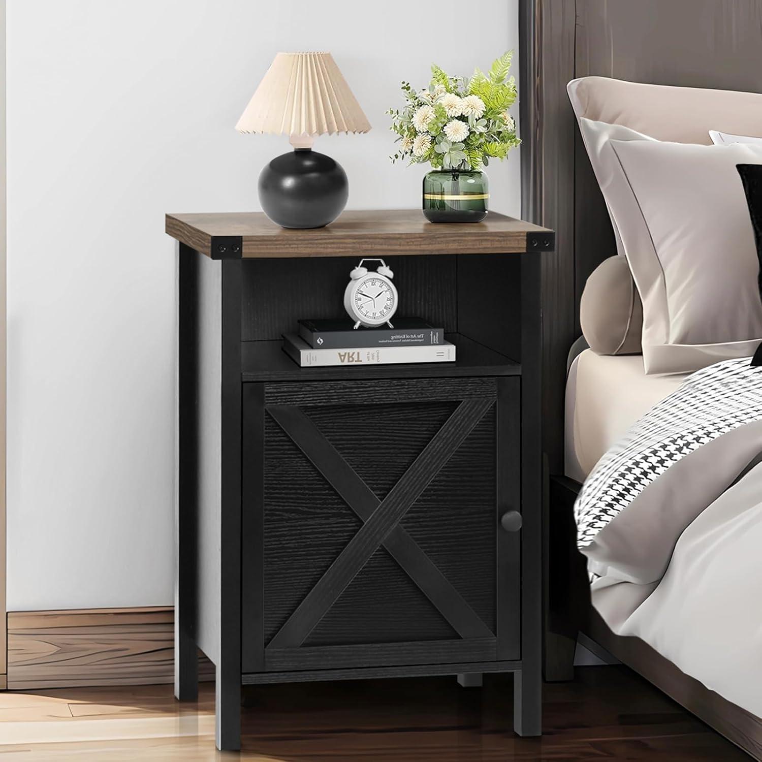 Black Farmhouse Nightstand with Barn Door and Shelf, Set of 2