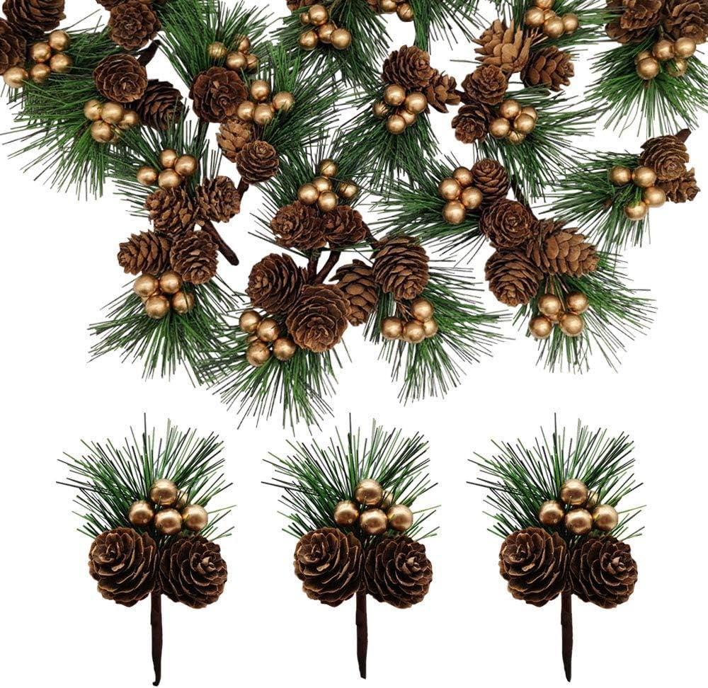 20 PCS Pine Needles Branches with Gold Berry Stems Mini Pinecone Picks for Crafts Holiday Wreath Christmas Tree Ornaments Decor by Baryuefull