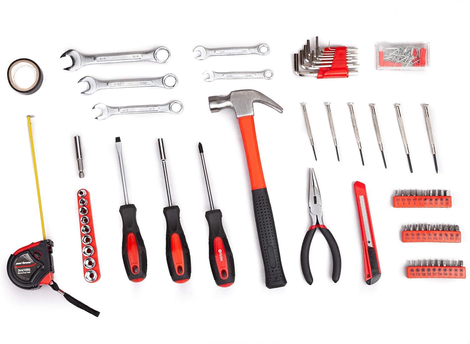 Cshidworld 148-Piece Tool Set General Household Hand Kit with Plastic Toolbox Storage Case, Mechanic Basic Home Tool Kit for Men and Women, All Essential Repair Tools for Home Garage and Office, Red