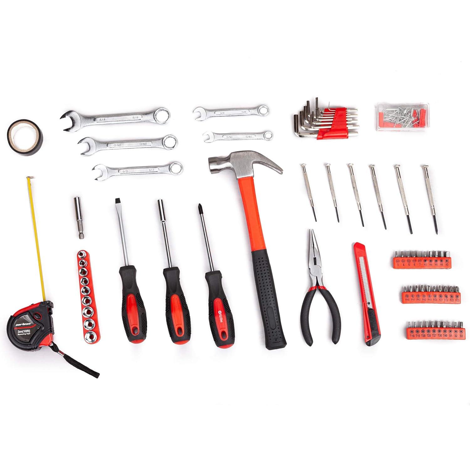 Cshidworld 148-Piece Tool Set General Household Hand Kit with Plastic Toolbox Storage Case, Mechanic Basic Home Tool Kit for Men and Women, All Essential Repair Tools for Home Garage and Office, Red