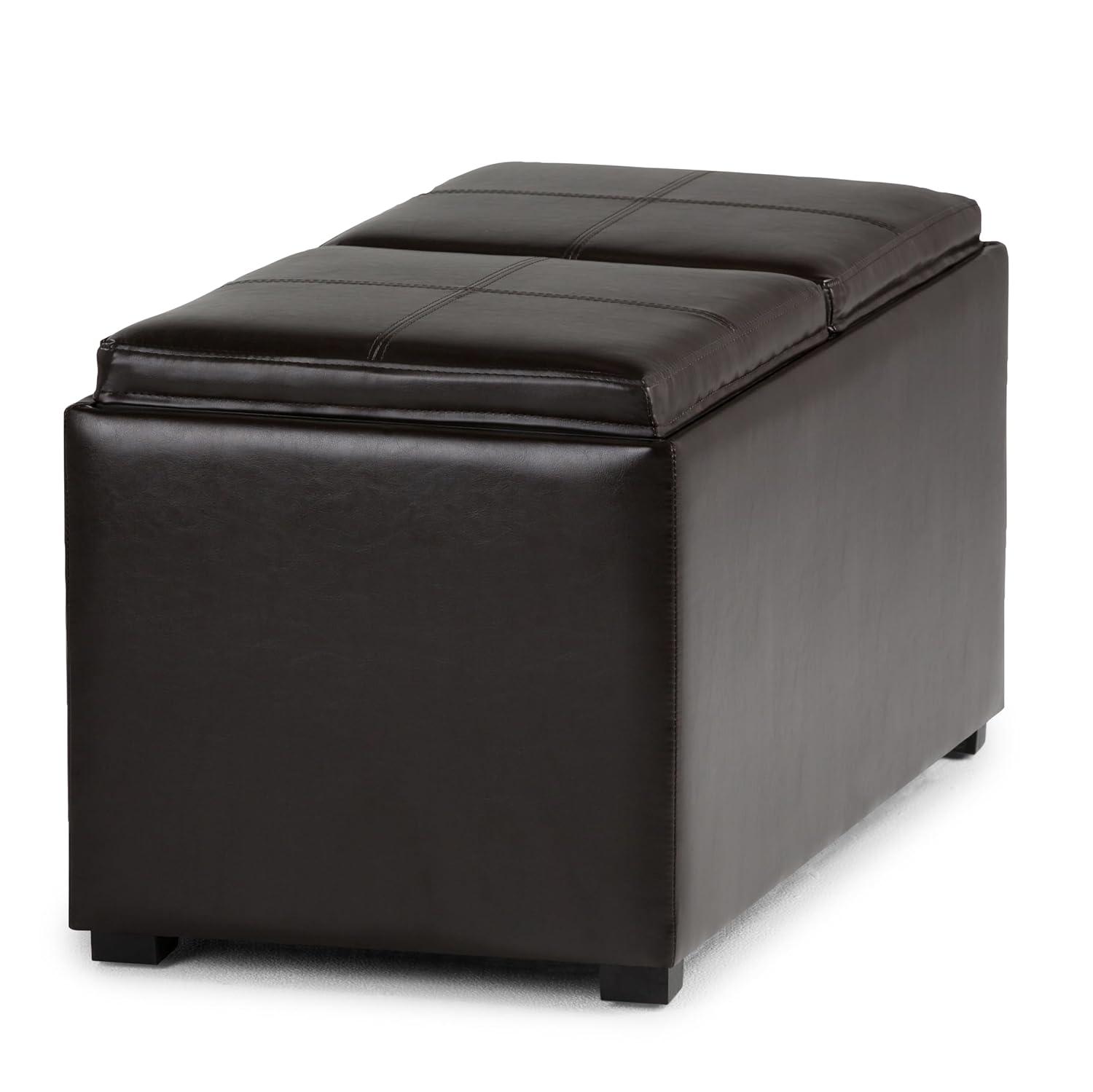 Simpli Home Avalon 35"W Upholstered Storage Ottoman Set with 5 Pieces and Flip-Over Serving Tray Lids