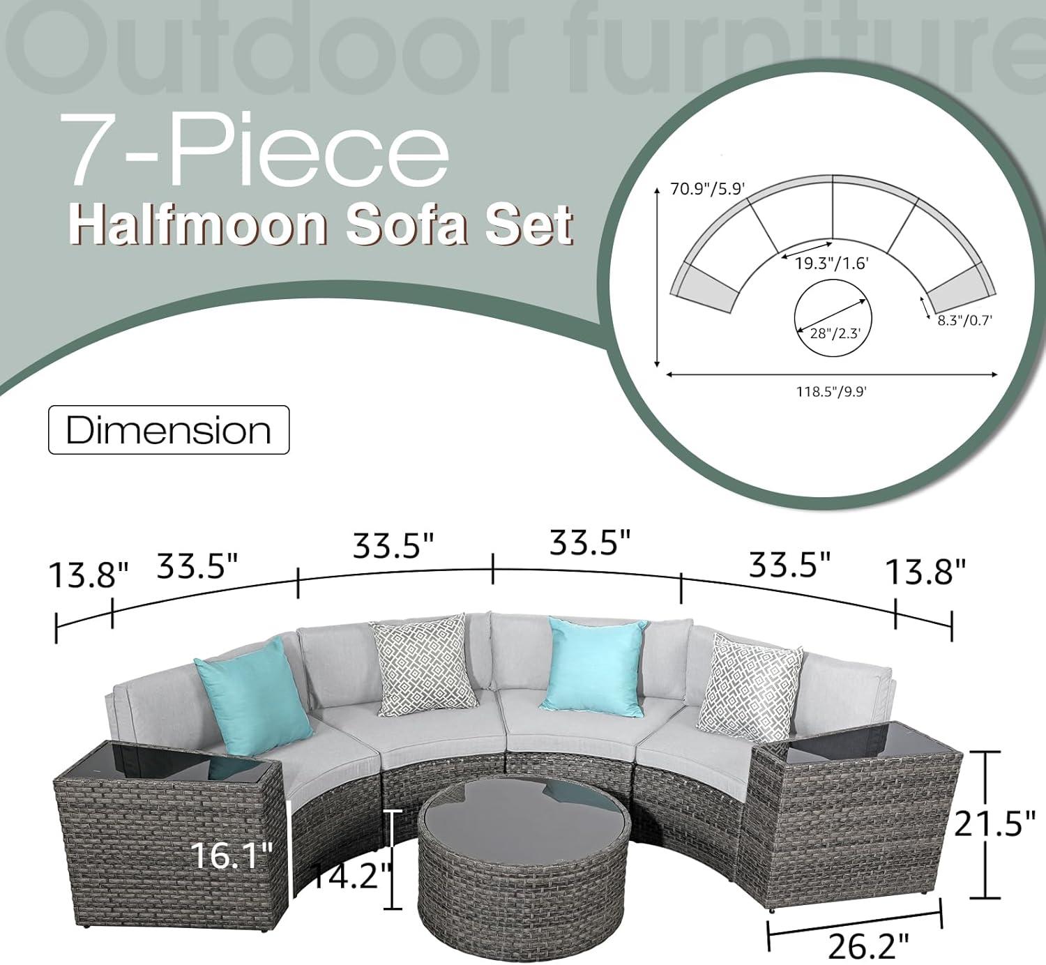 SUNSITT Outdoor Patio Furniture Sectional 7-Piece Half-Moon Curved Outdoor Sofa Set with Round Coffee Table, 4 Pillows & Waterproof Cover, Grey Rattan
