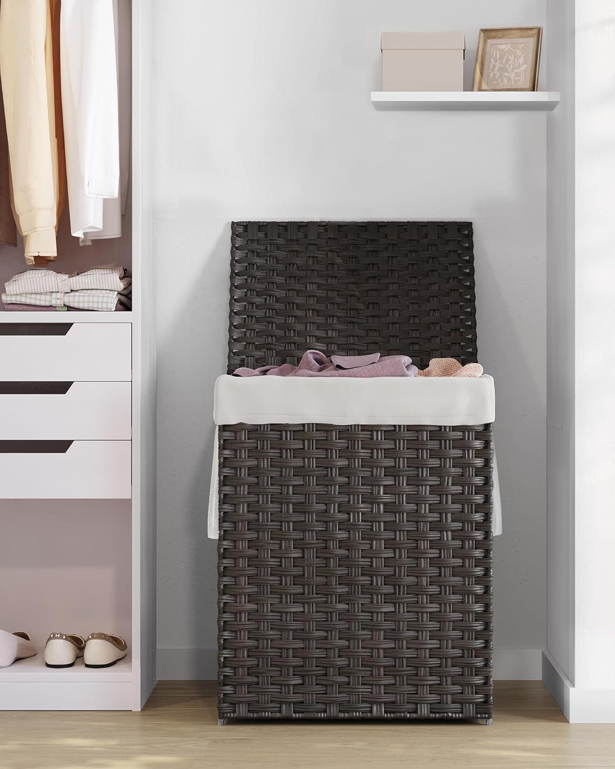 Brown Handwoven Synthetic Rattan Laundry Hamper with Lid