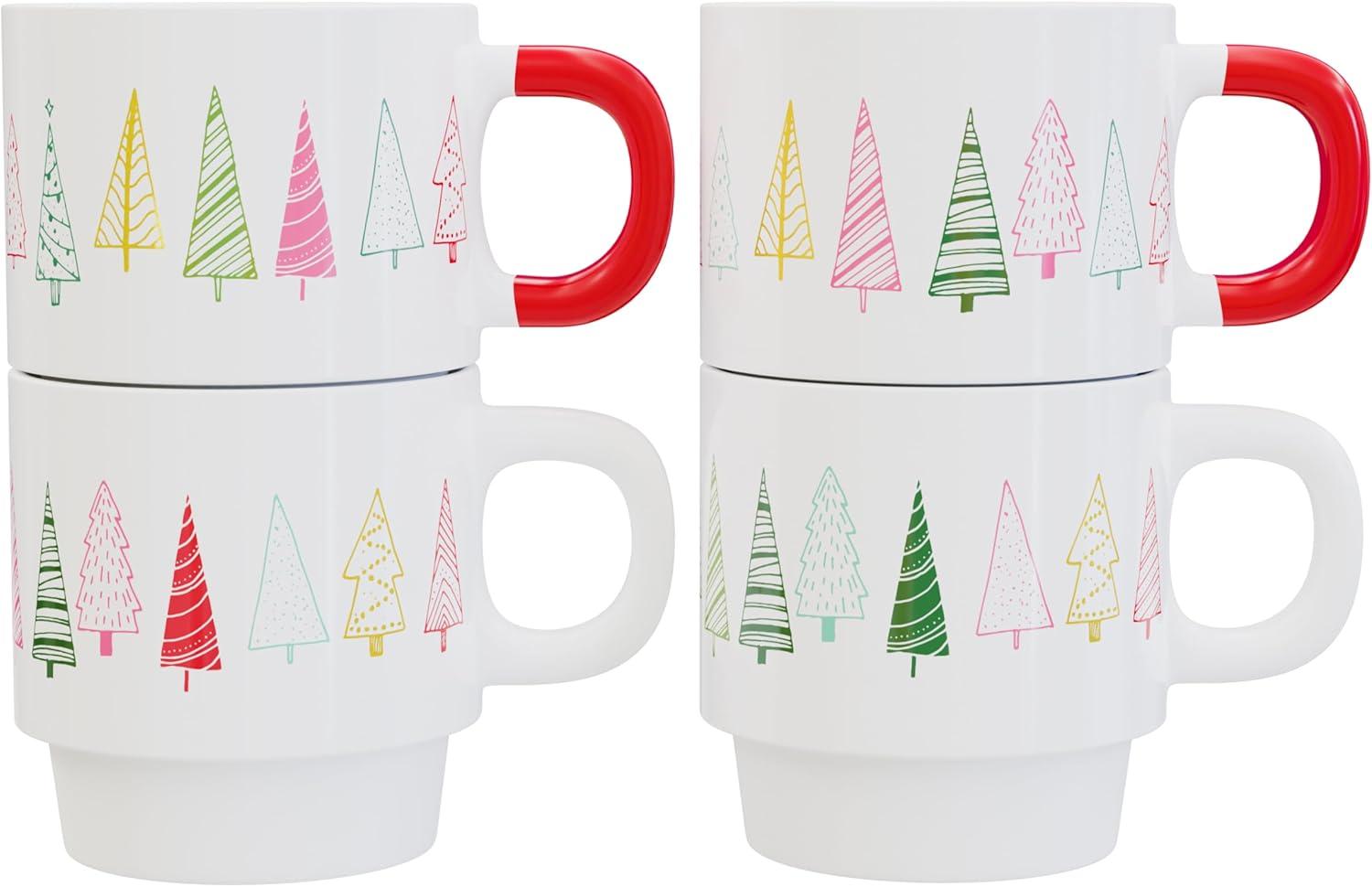 American Atelier Christmas Ceramic Mug & Rack Set - 4 Cups & Standing Metal Rack for Kitchen Countertop, Tabletop, Island, or Café Display, 14 oz