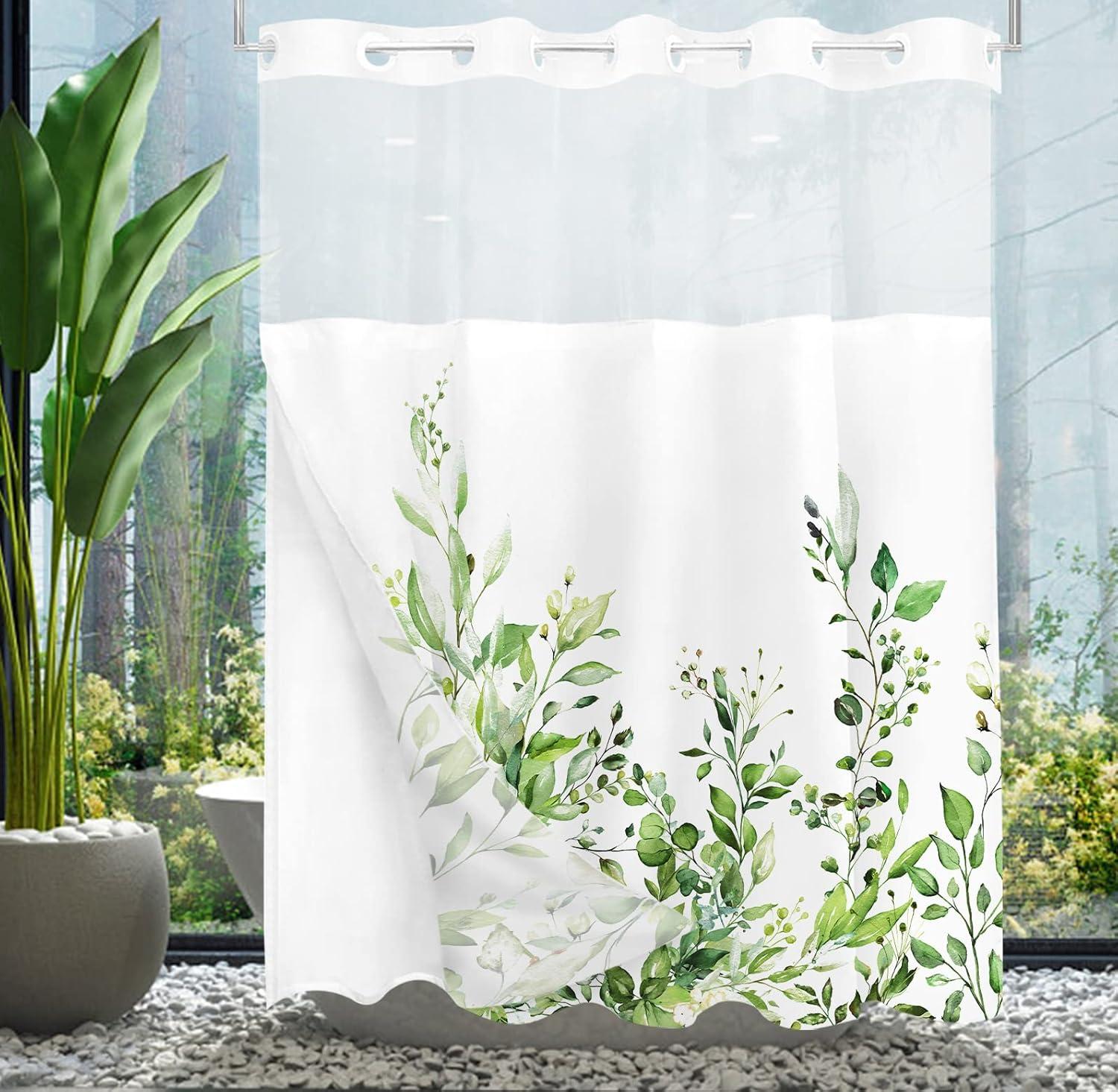 No Hook Shower Curtain with Snap in Liner, Eucalyptus Leaf Vintage Sage Green Leaves Hotel Shower Curtains for Bathroom, Washable Shower Curtain Liner Set with Mesh Top Window, 66"x72"