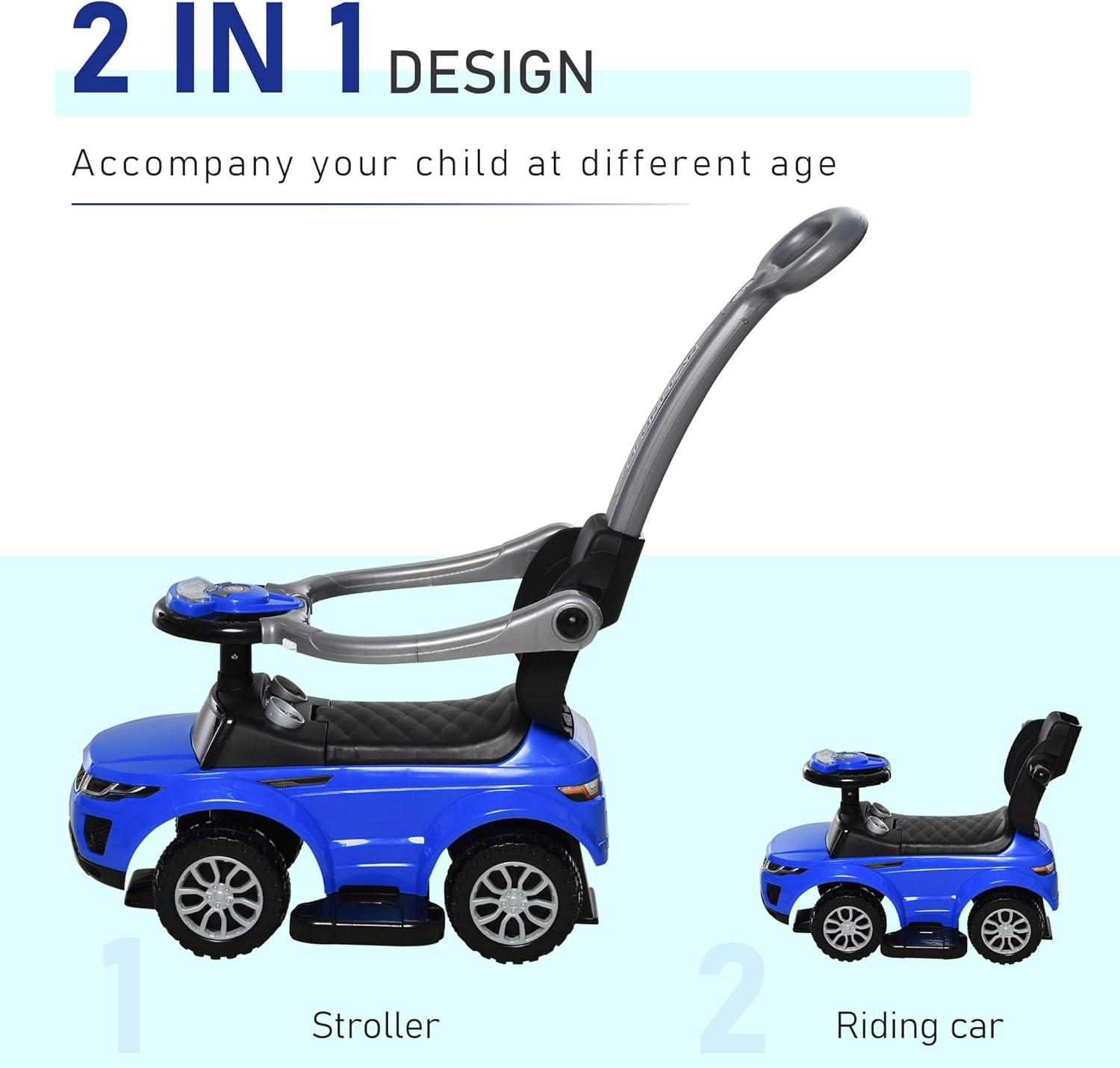 Aosom 3 In 1 Push Cars for Toddlers Kid Ride on Push Car Stroller Sliding Car with Horn Music Light Function Secure Bar Ride on Toy for Boy Girl 1-3 Years Old