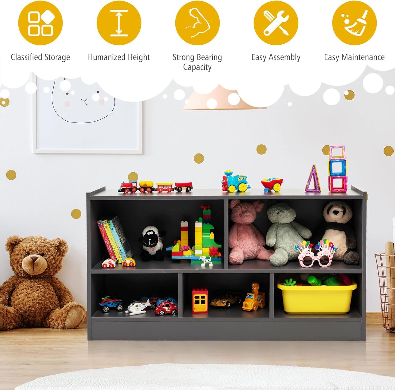 Costway Kids 2-Shelf Bookcase 5-Cube Wood Toy Storage Cabinet Organizer Grey