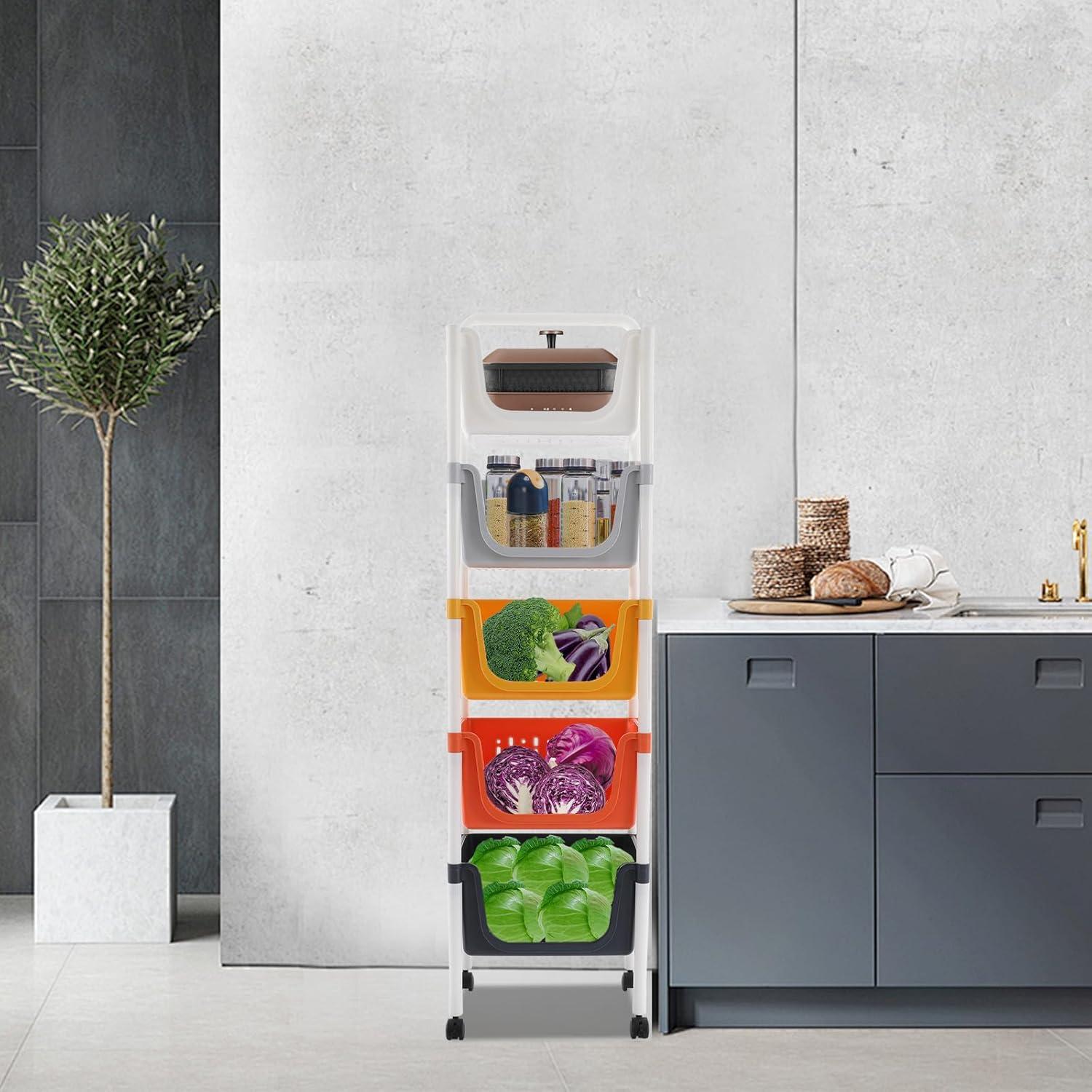 Colorful 5-Tier PP Kitchen Storage Rack with Wheels