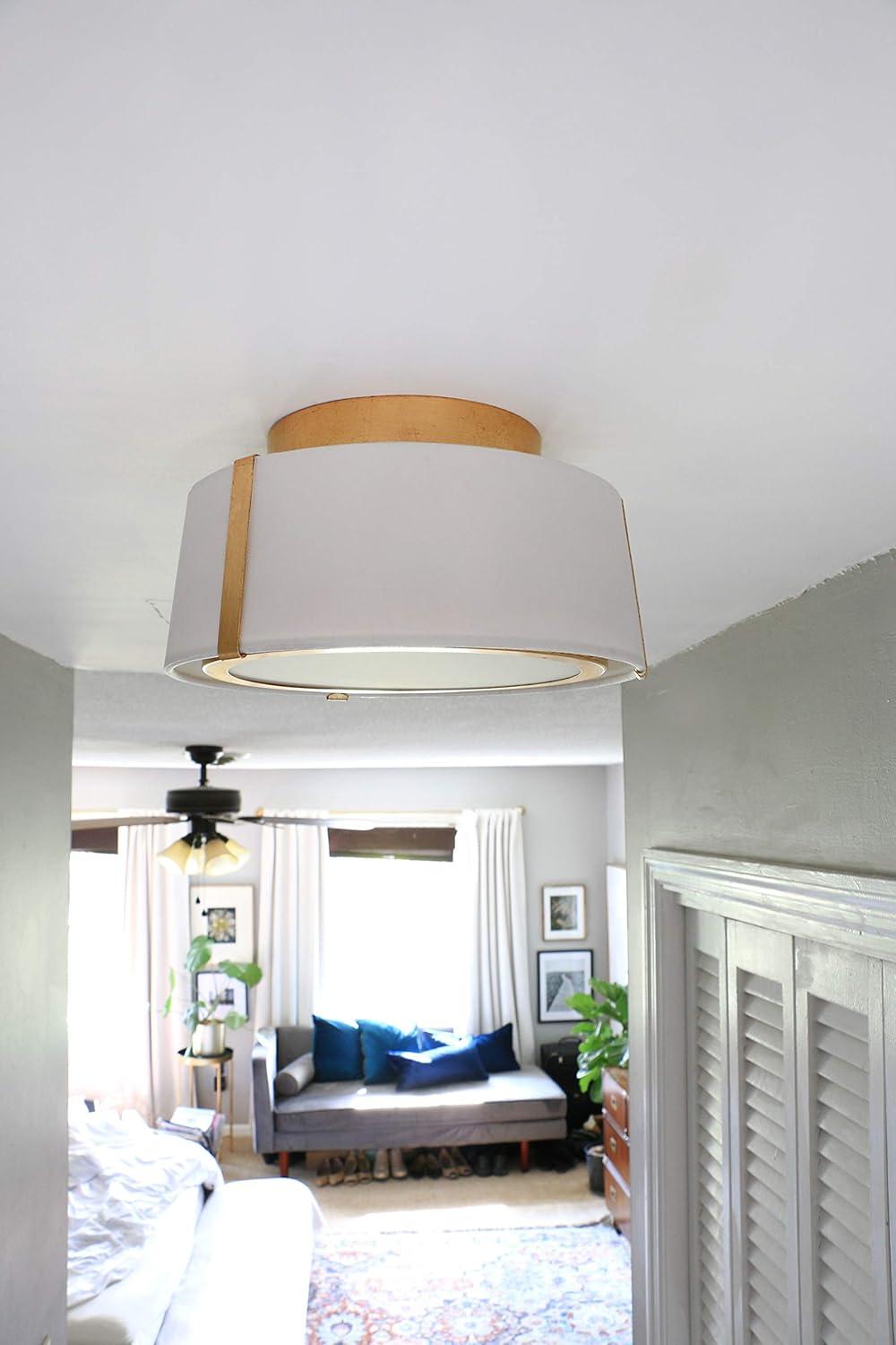 Antique Gold and White Silk Drum LED Ceiling Light