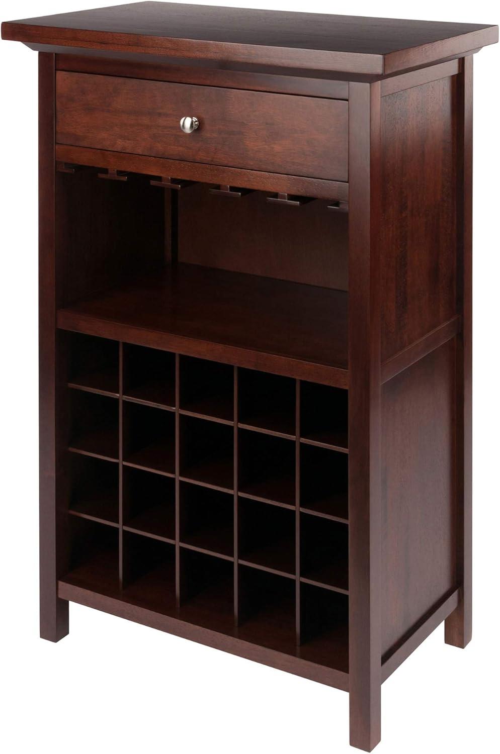 Walnut 27" Transitional Wine Cabinet with Drawer and Glass Storage