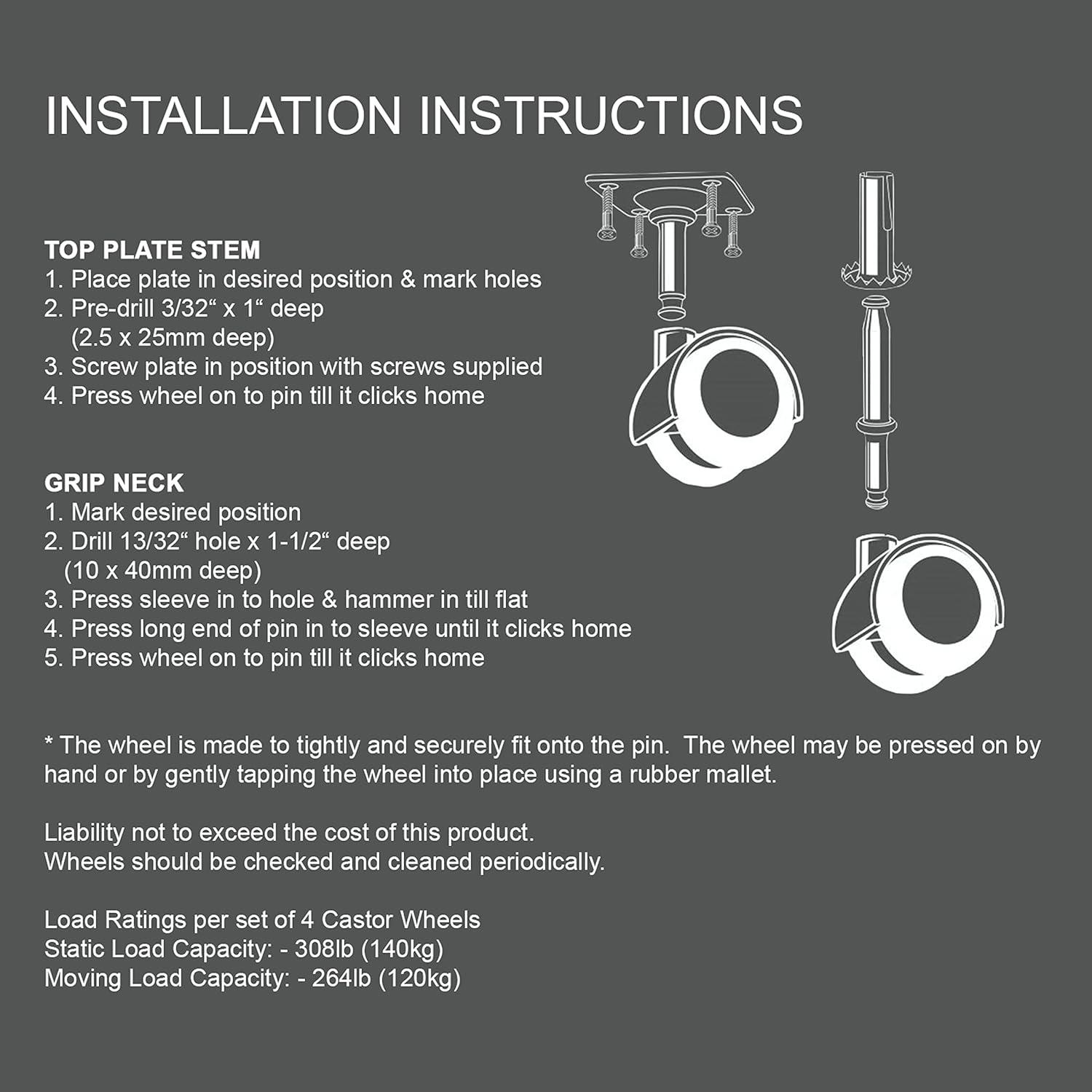 Slipstick 2-Inch Black and Gray Rubber Swivel Caster Wheels Set