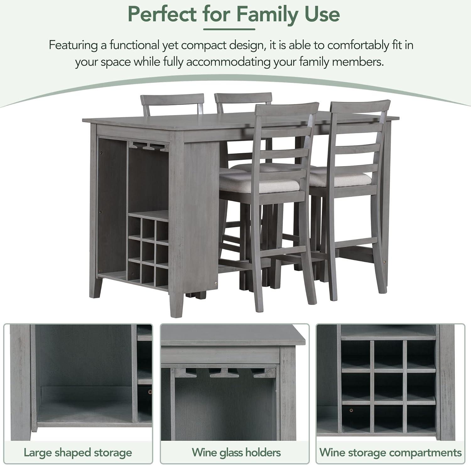 5-Piece Multi-Functional Rubber Wood Counter Height Dining Set with Padded Chairs and Integrated 9 Bar Wine Compartment, Wineglass Holders for Dining Room (Gray) 39AAE