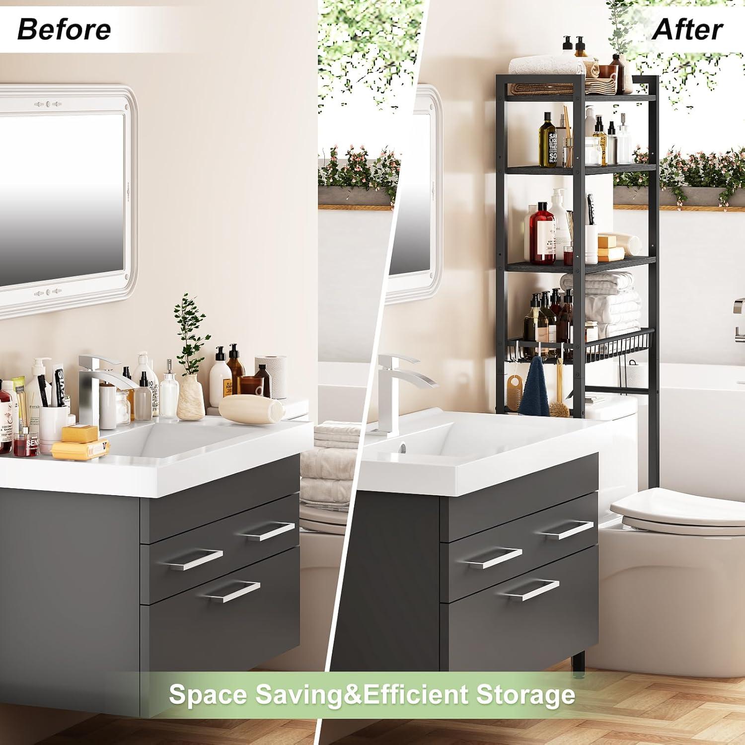 4-Tier Bathroom Organizer Shelf Over Toilet with Adjustable Shelf and Basket